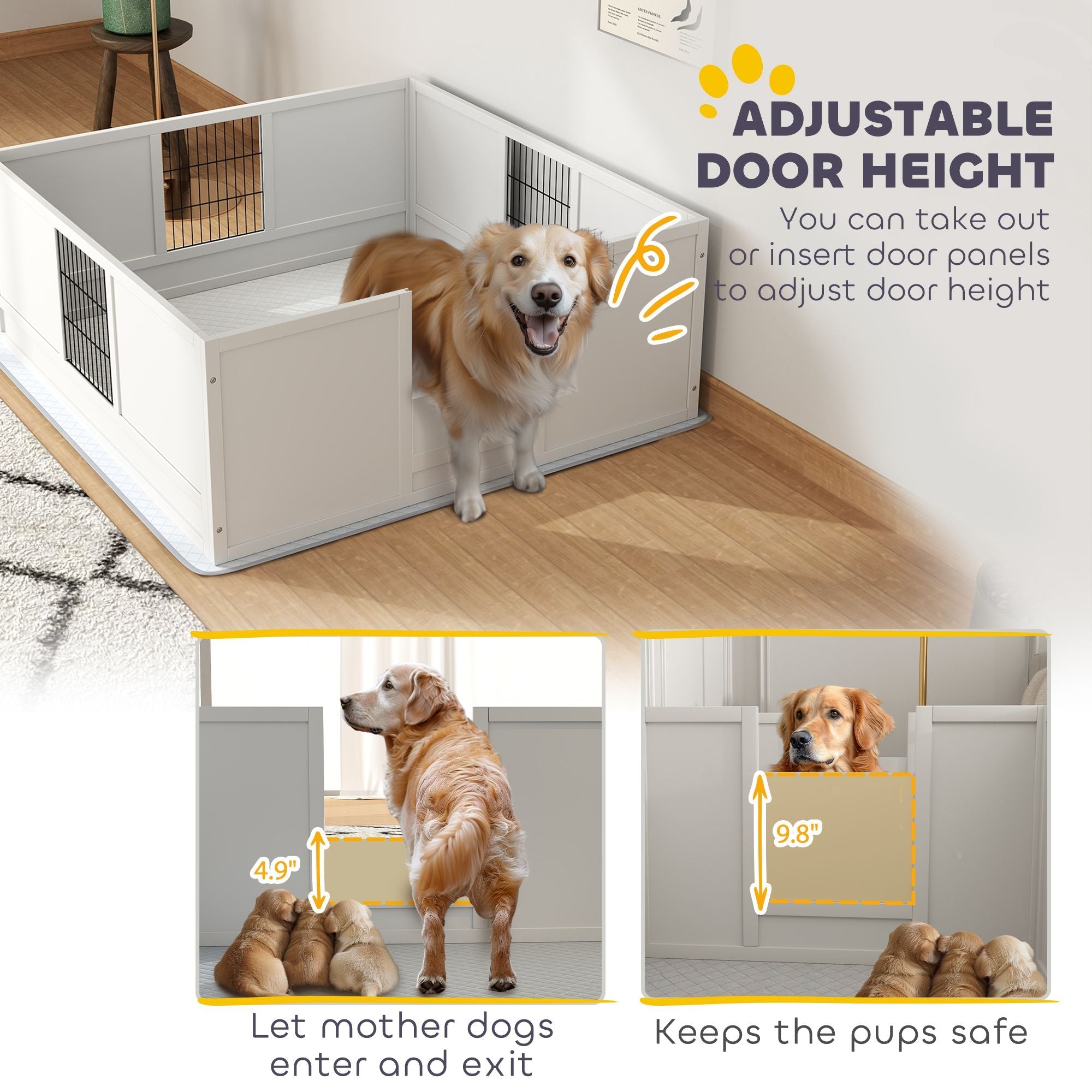 PawHut Dog Whelping Box with Washable Pee Pad, Adjustable Height Door, for Large Breed Dogs, 49" x 47" x 19"