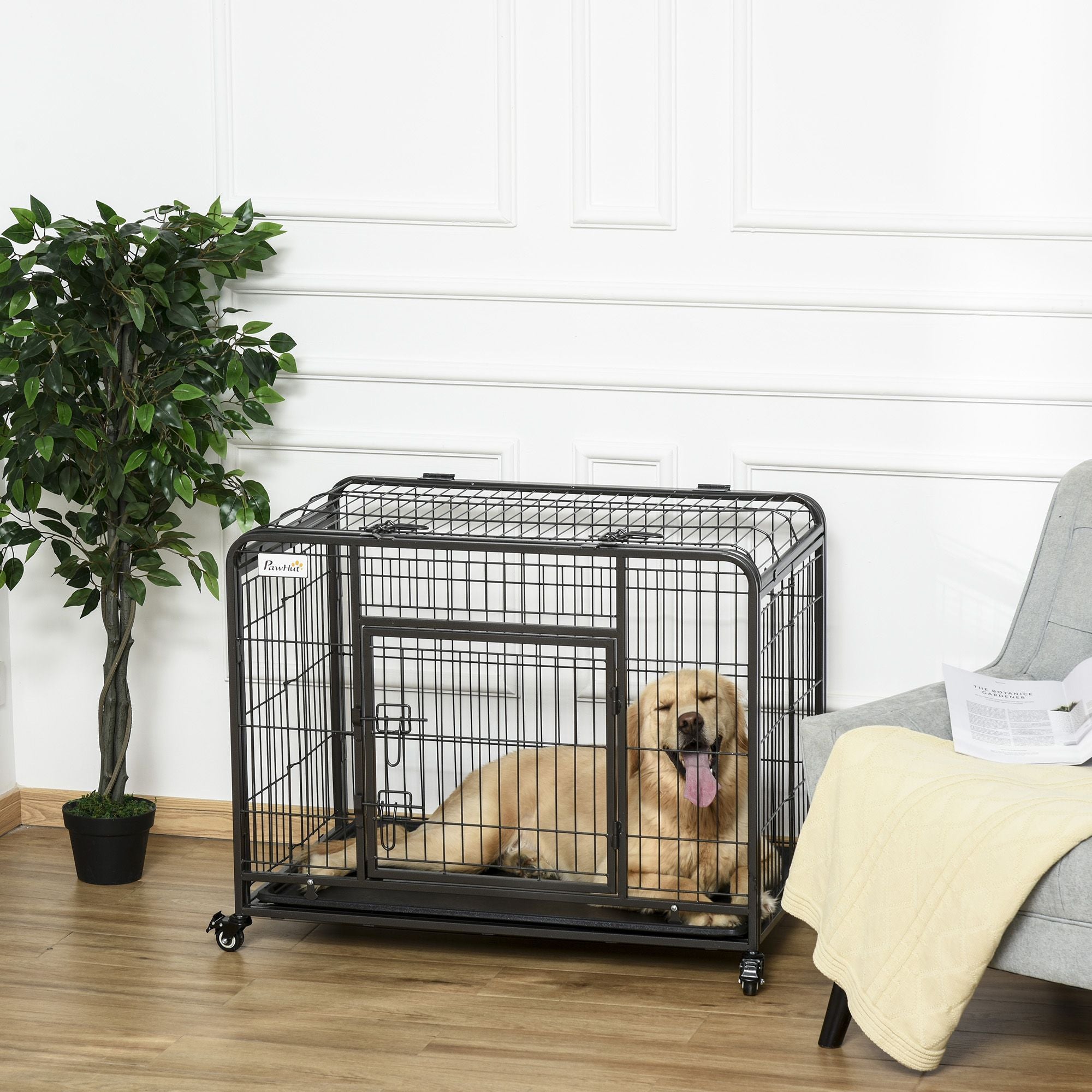 PawHut Metal Dog Crate 37" Heavy Duty Folding Kennel with Removable Tray Cover 4 Wheels Gray