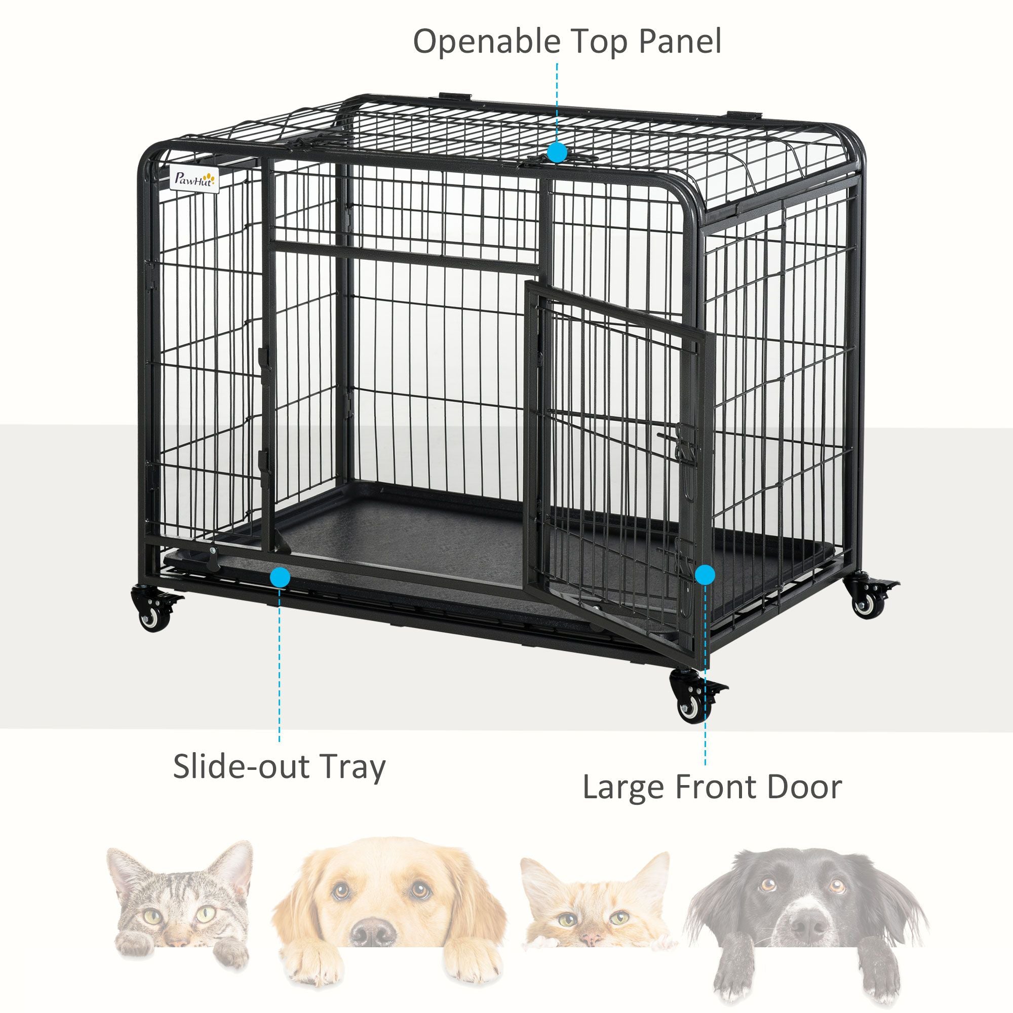 PawHut Metal Dog Crate 37" Heavy Duty Folding Kennel with Removable Tray Cover 4 Wheels Gray