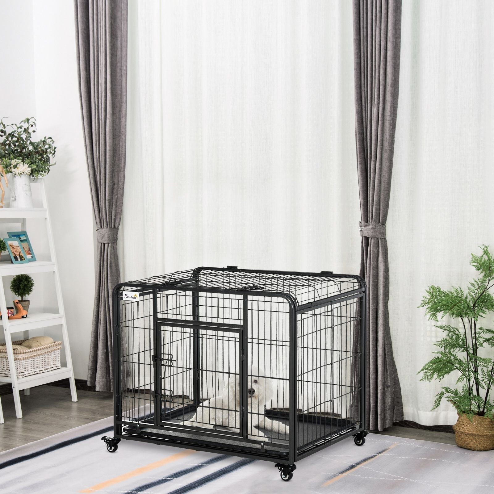 PawHut Metal Dog Crate 37" Heavy Duty Folding Kennel with Removable Tray Cover 4 Wheels Gray