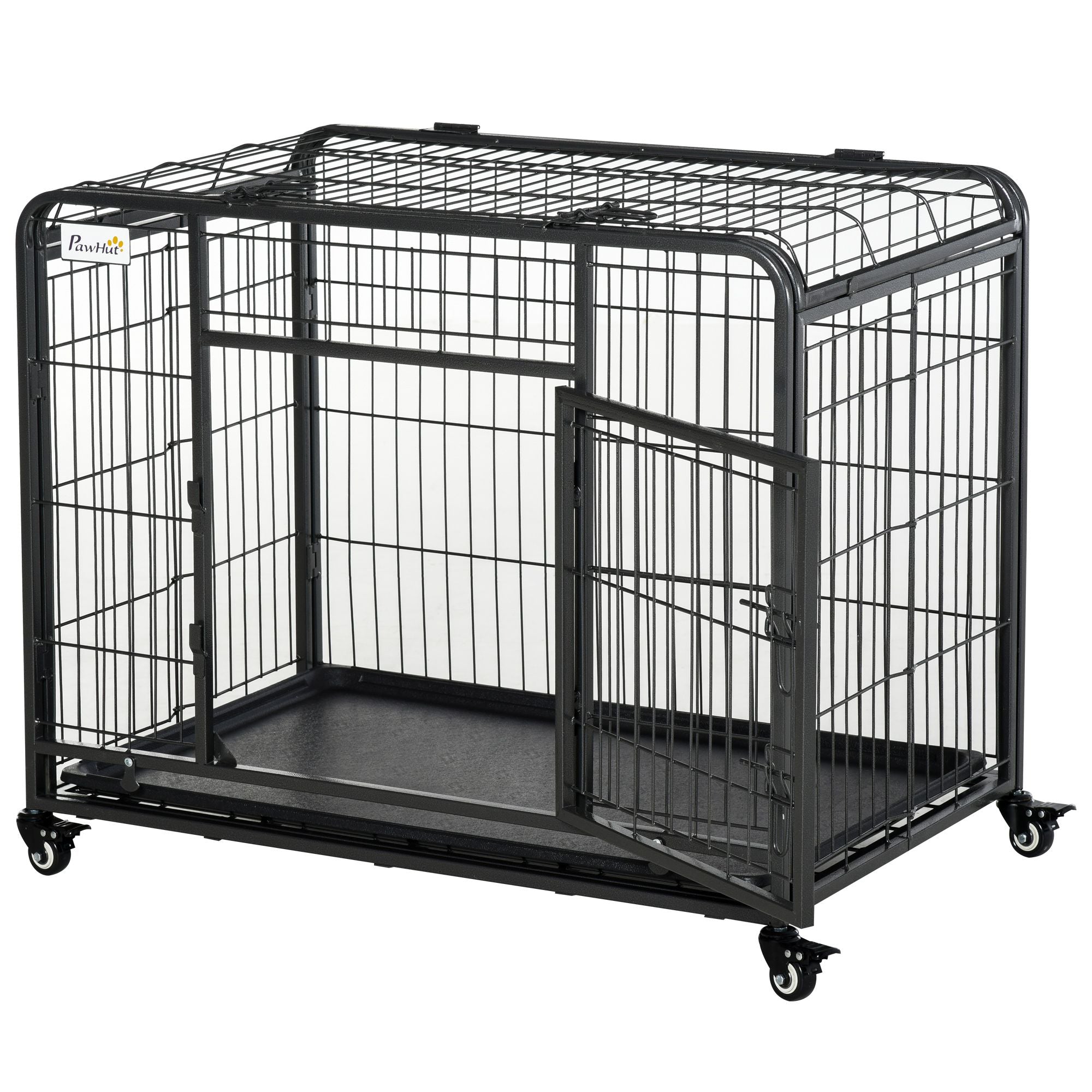 PawHut Metal Dog Crate 37" Heavy Duty Folding Kennel with Removable Tray Cover 4 Wheels Gray