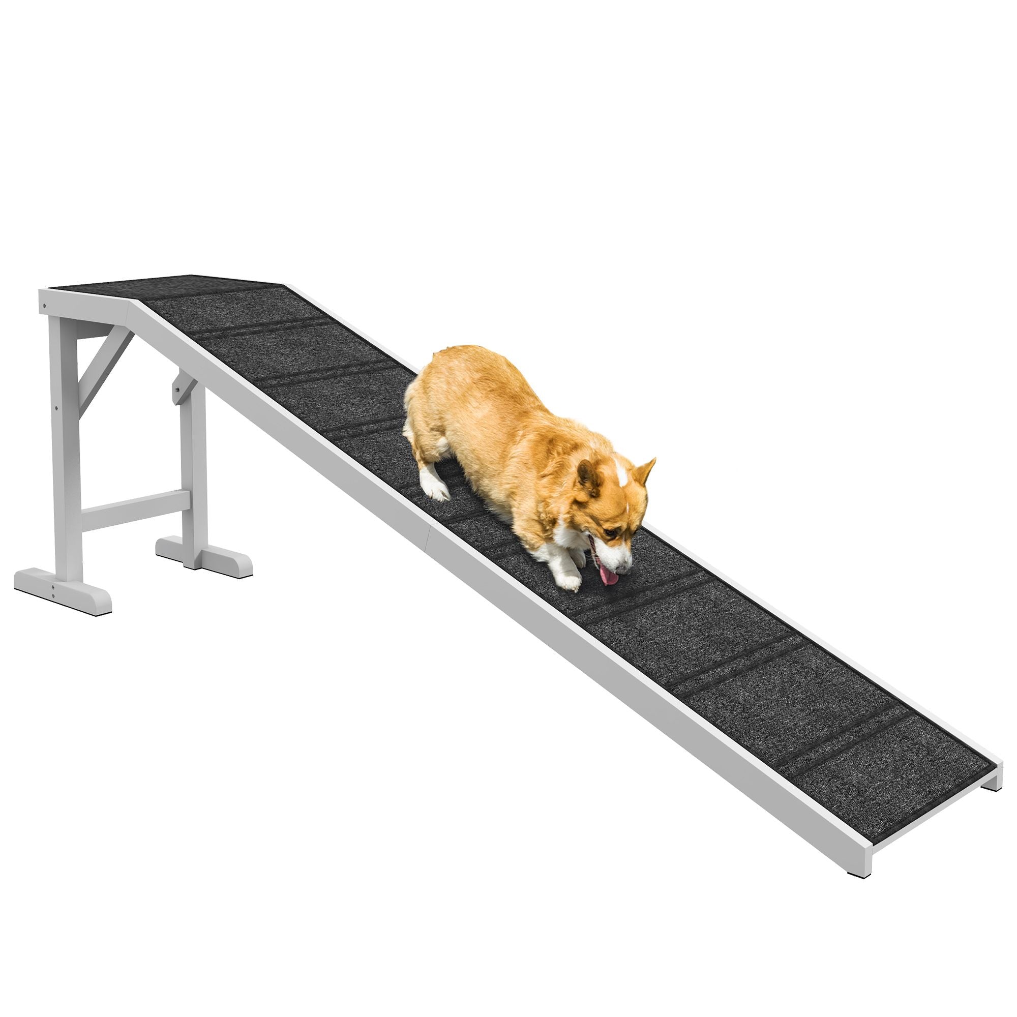 PawHut Pet Ramp for Dogs Non-slip Carpet Top Platform Pine Wood 74"L x 16"W x 25"H, Grey, White