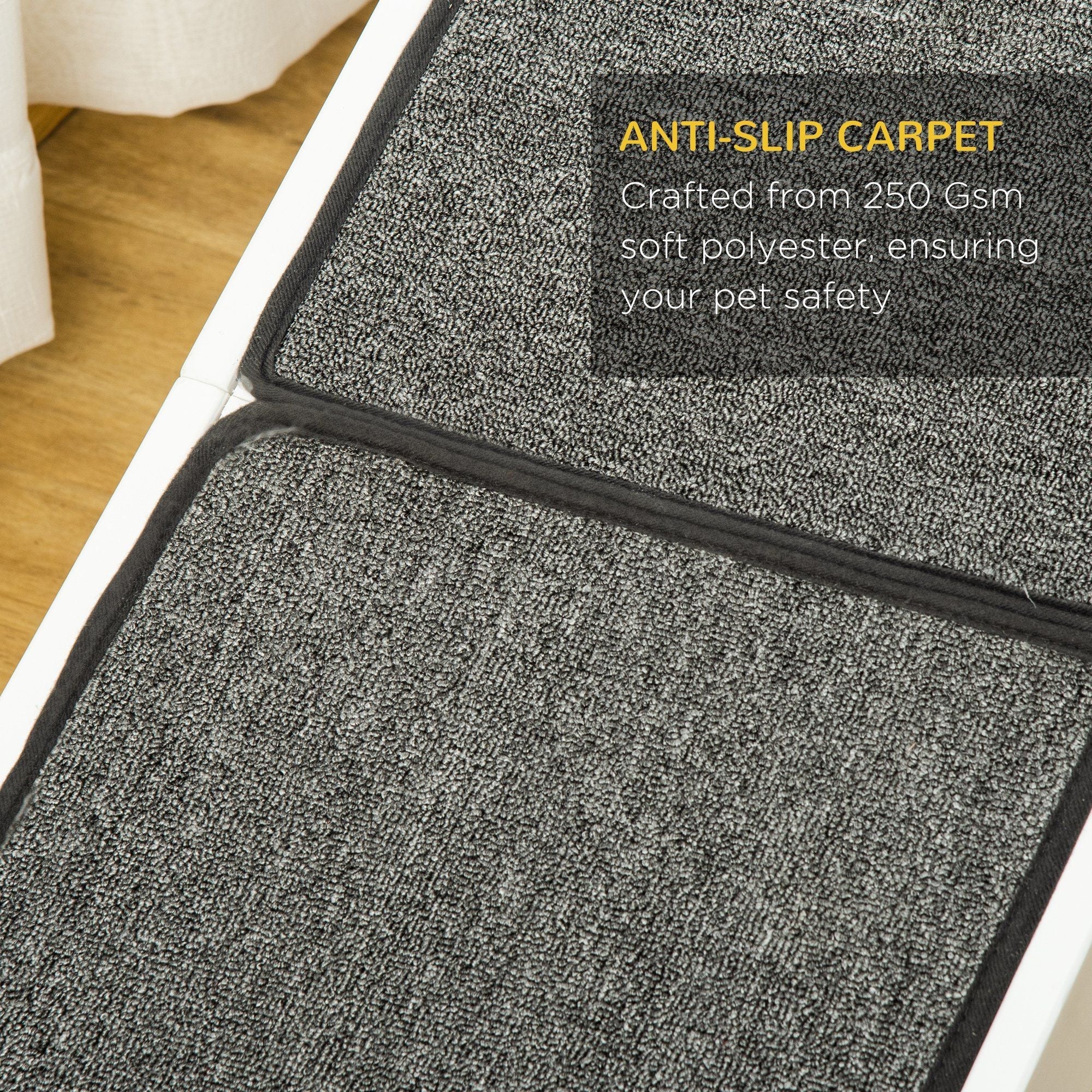 PawHut Pet Ramp for Dogs Non-slip Carpet Top Platform Pine Wood 74"L x 16"W x 25"H, Grey, White