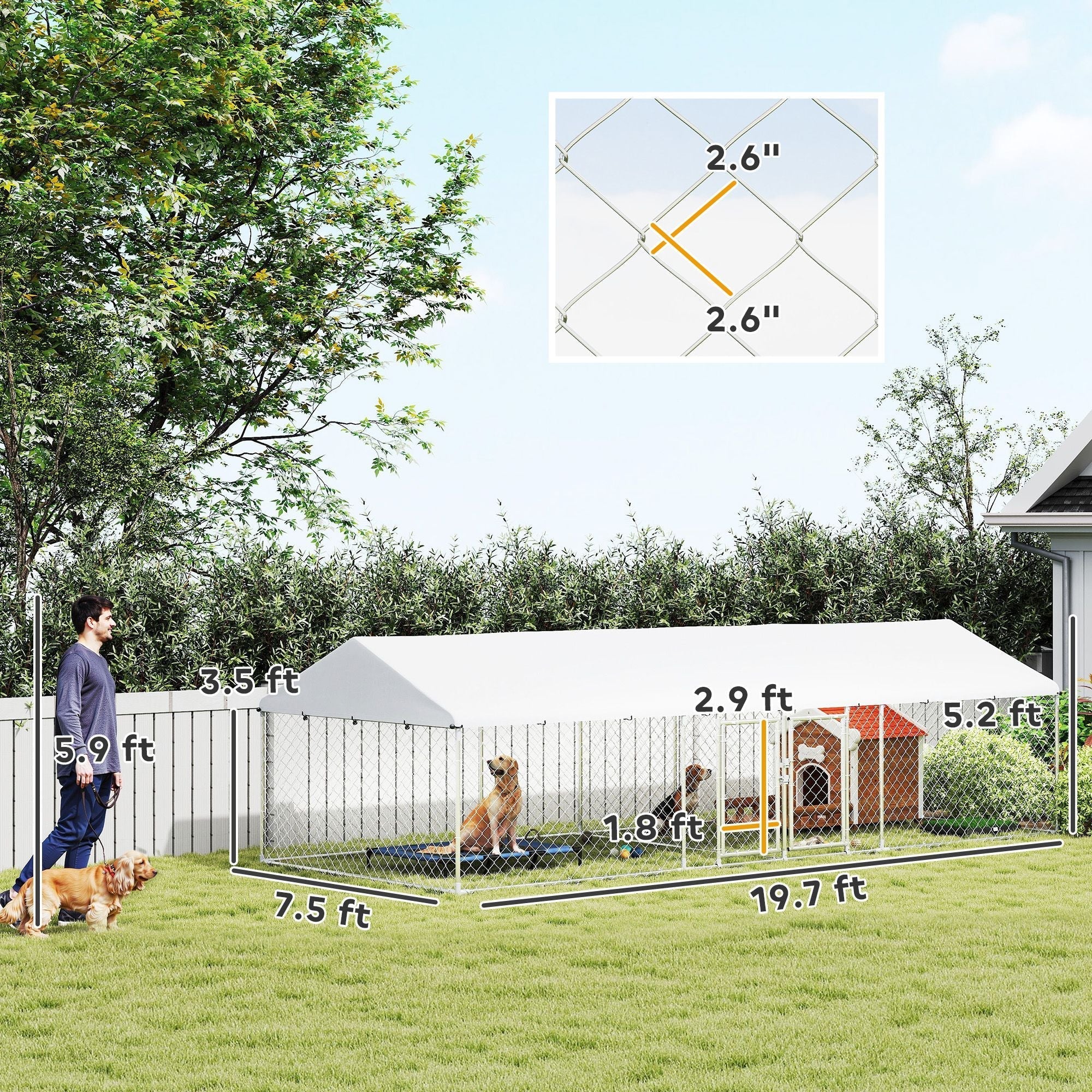 PawHut Two Room Outdoor Dog Kennel, Dog Run with Roof, Waterproof UV-Resistant Cover, Secure Lock, 19.7' x 7.5' x 5.2'