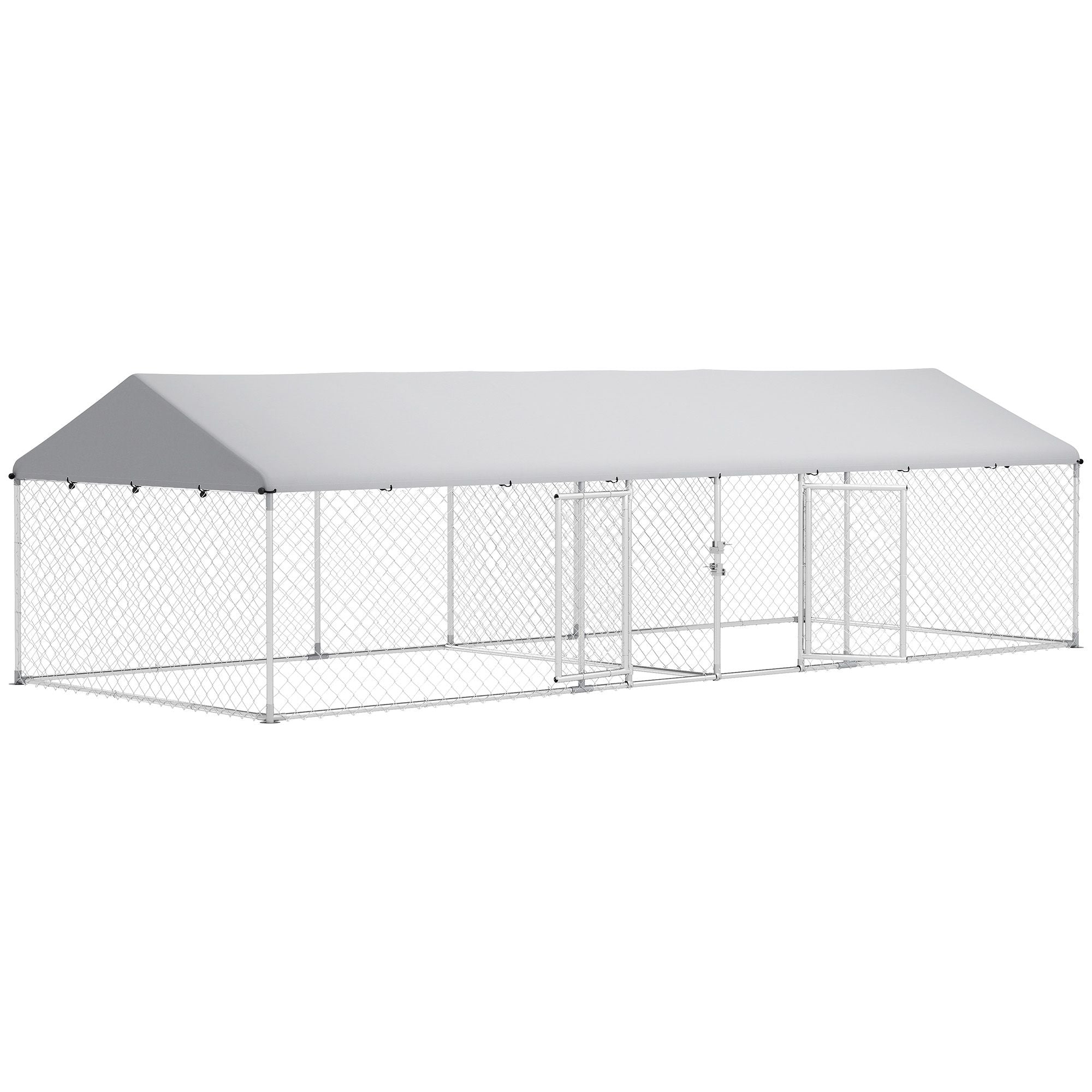 PawHut Two Room Outdoor Dog Kennel, Dog Run with Roof, Waterproof UV-Resistant Cover, Secure Lock, 19.7' x 7.5' x 5.2'