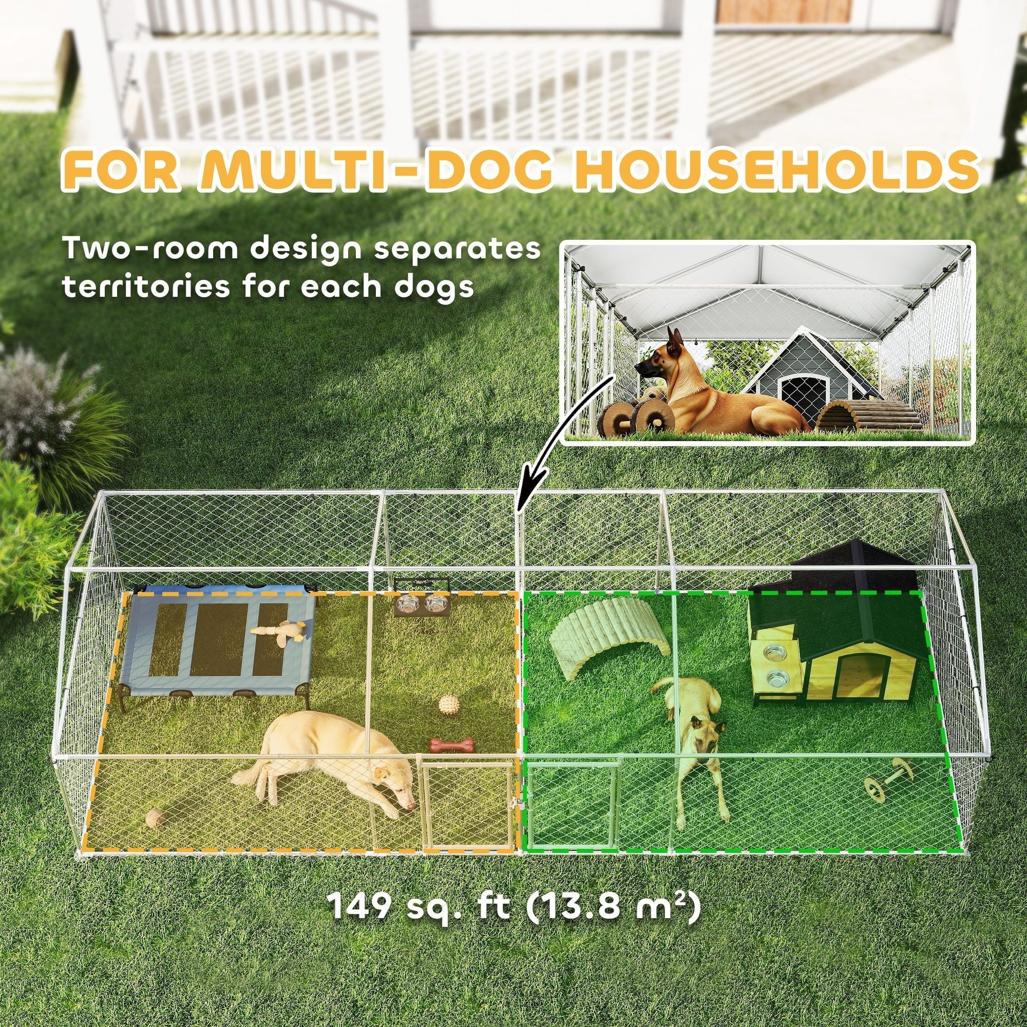 PawHut Two Room Outdoor Dog Kennel, Dog Run with Roof, Waterproof UV-Resistant Cover, Secure Lock, 19.7' x 7.5' x 5.2'