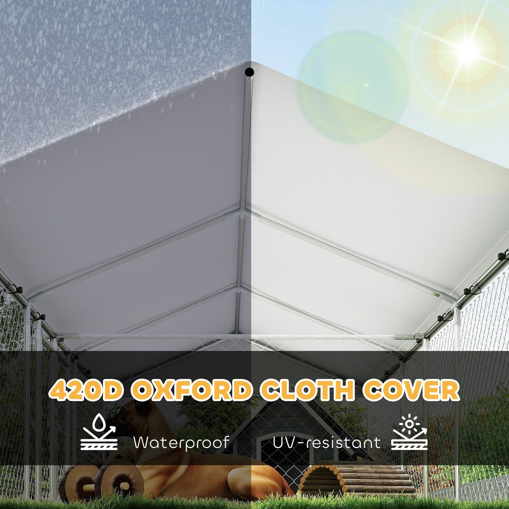 PawHut Two Room Outdoor Dog Kennel, Dog Run with Roof, Waterproof UV-Resistant Cover, Secure Lock, 19.7' x 7.5' x 5.2'