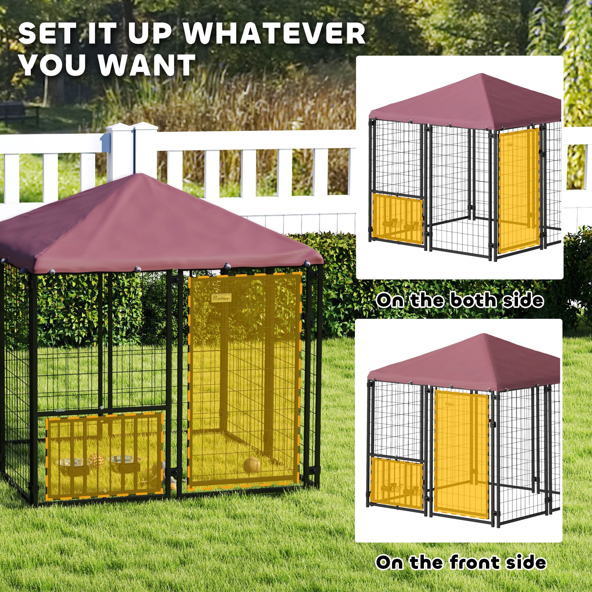 PawHut Welded Wire Outdoor Dog Kennel with 360° Rotating & 4 Levels Adjustable Bowls, Waterproof Cover, 4.6' x 4.6' x 5'