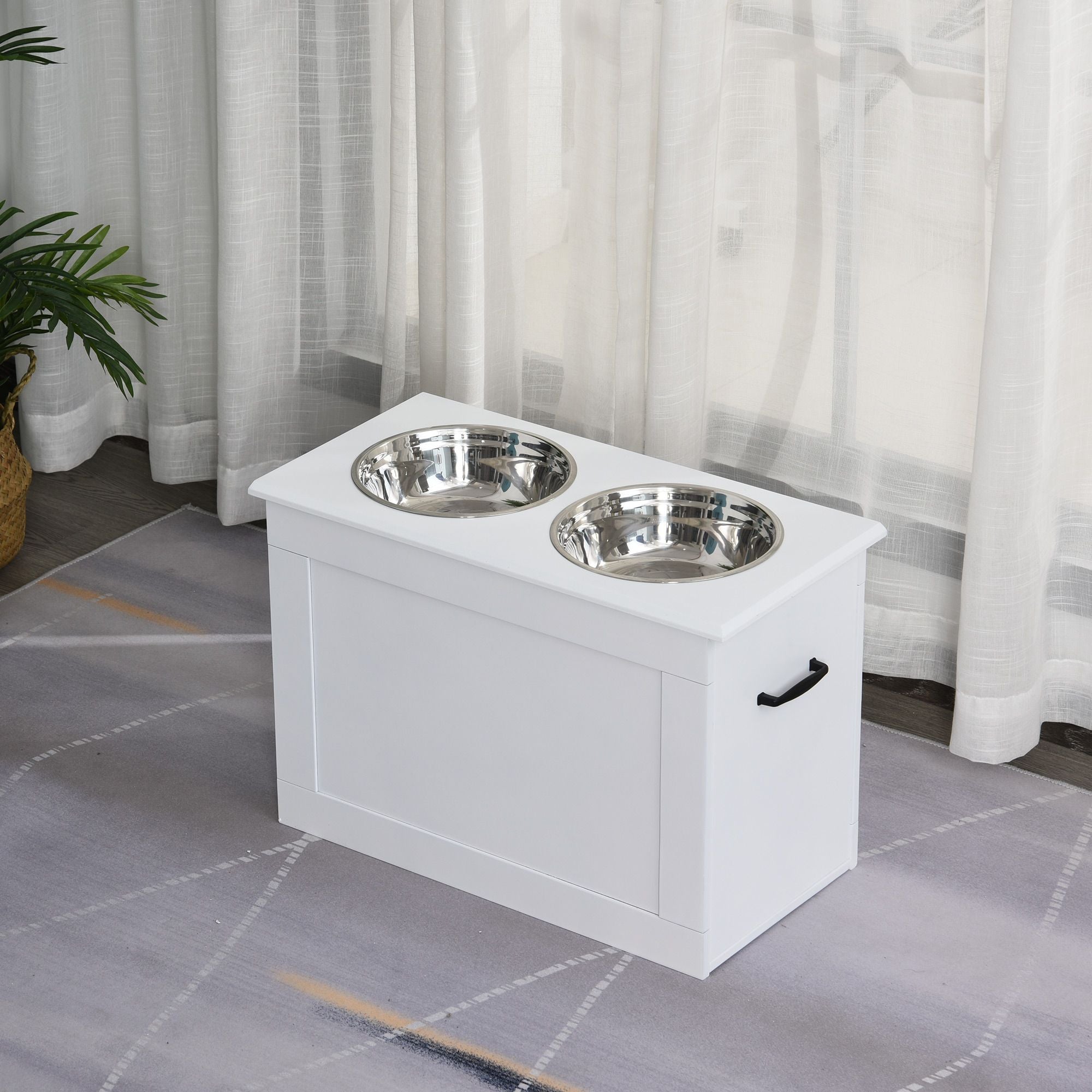 PawHut White Raised Pet Dining Station with Food Storage and Steel Bowls for Big Pups