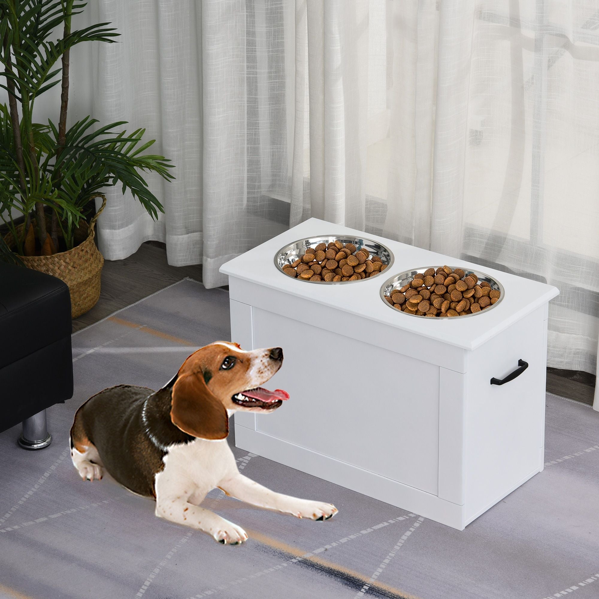 PawHut White Raised Pet Dining Station with Food Storage and Steel Bowls for Big Pups