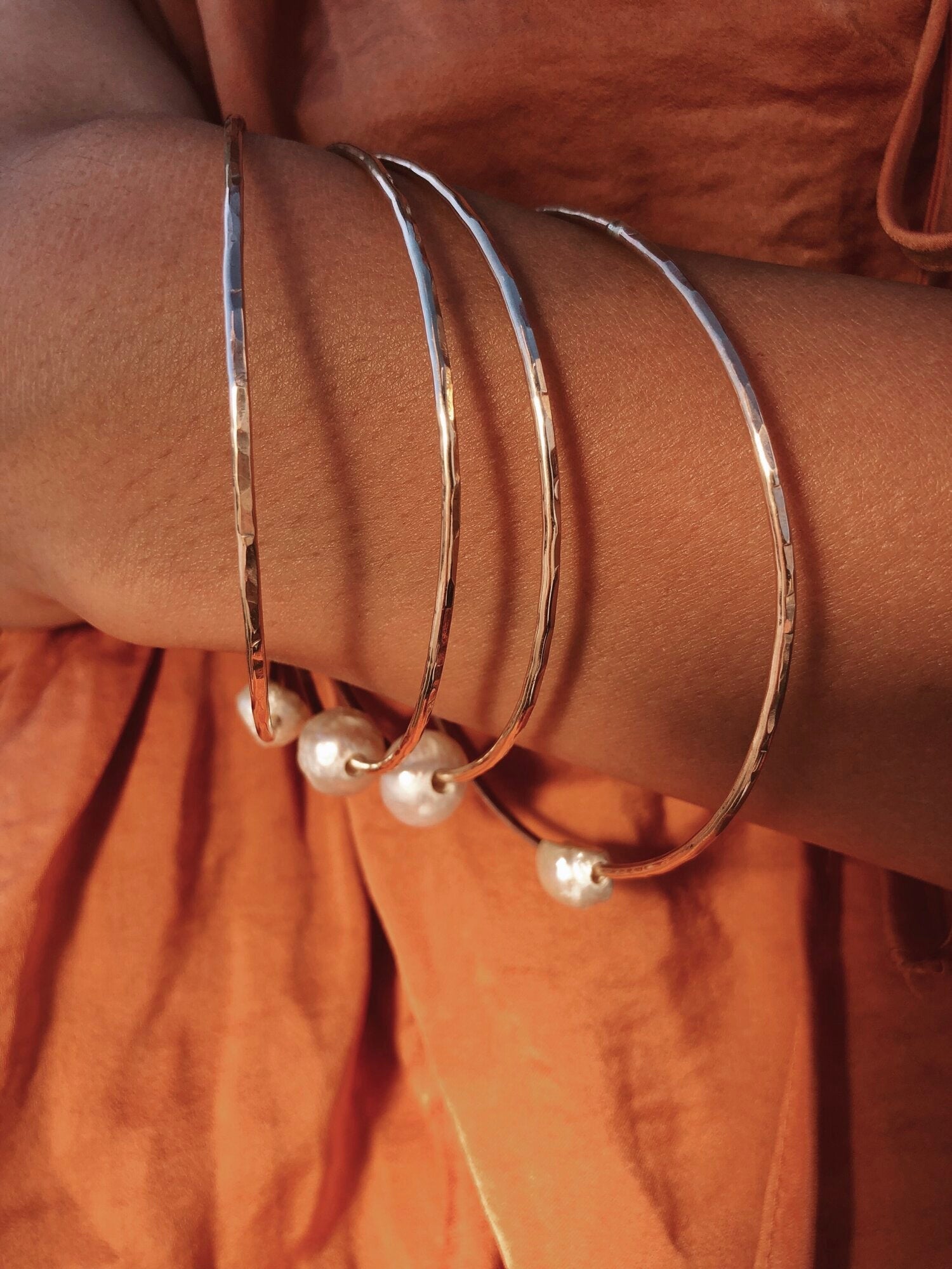 Hammered Pearl Bangle by Toasted Jewelry