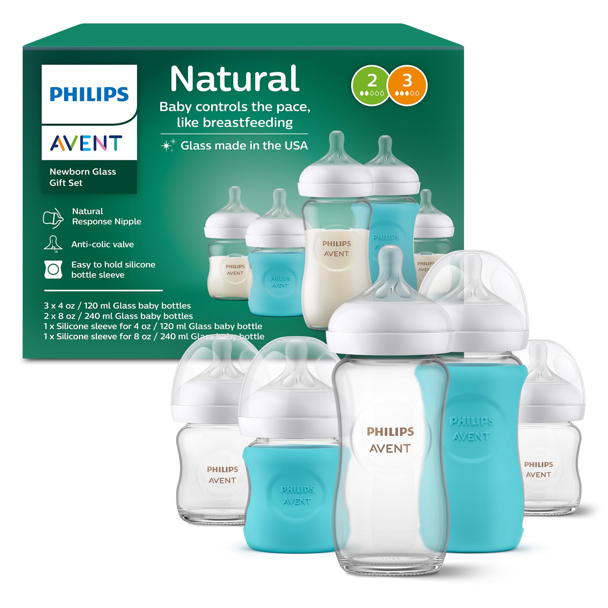 Philips Avent Natural Glass Baby Bottles with Natural Response Nipples (Slow Flow, Flow 2), 4oz, 4-Pack, SCY910/04
