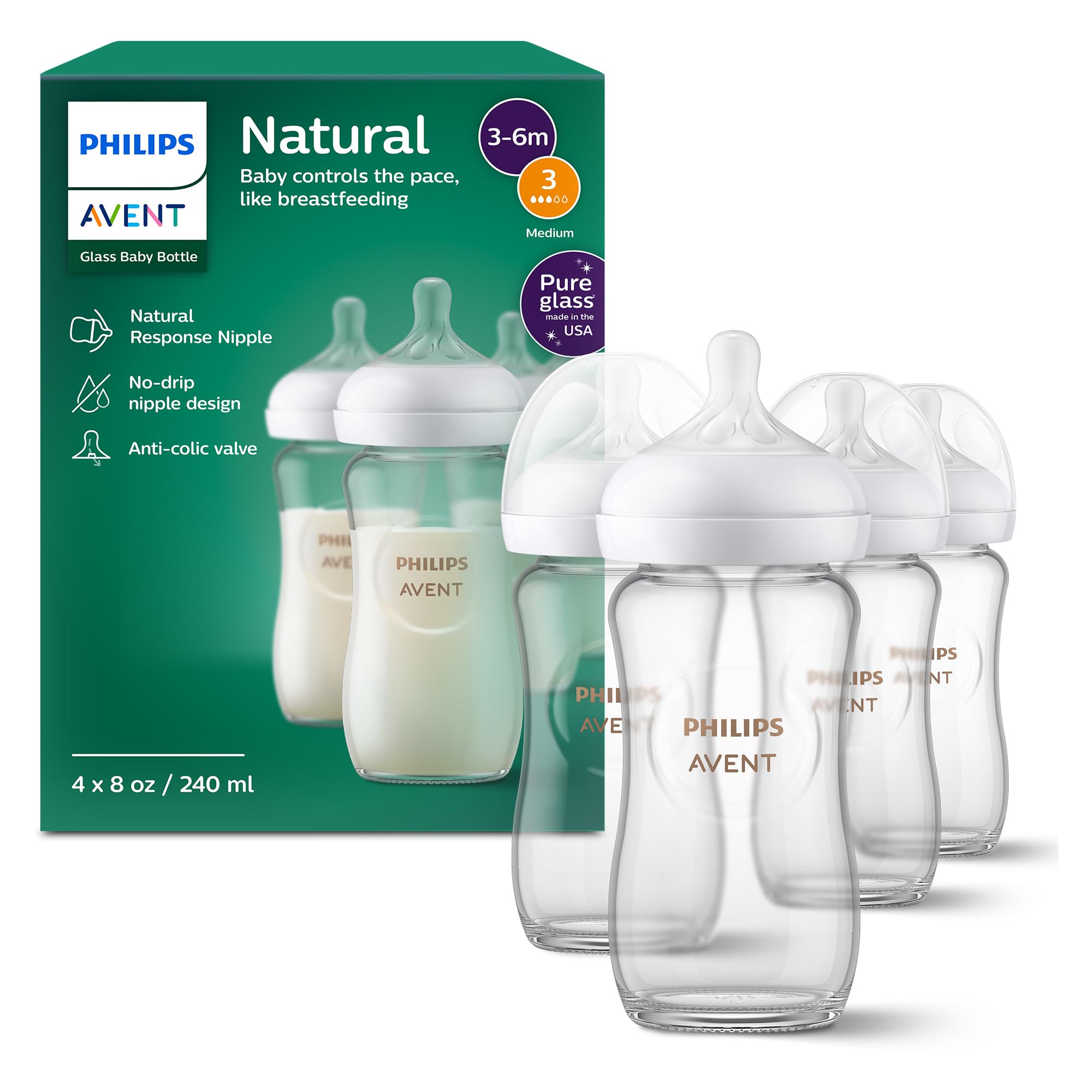 Philips Avent Natural Glass Baby Bottles with Natural Response Nipples (Slow Flow, Flow 2), 4oz, 4-Pack, SCY910/04