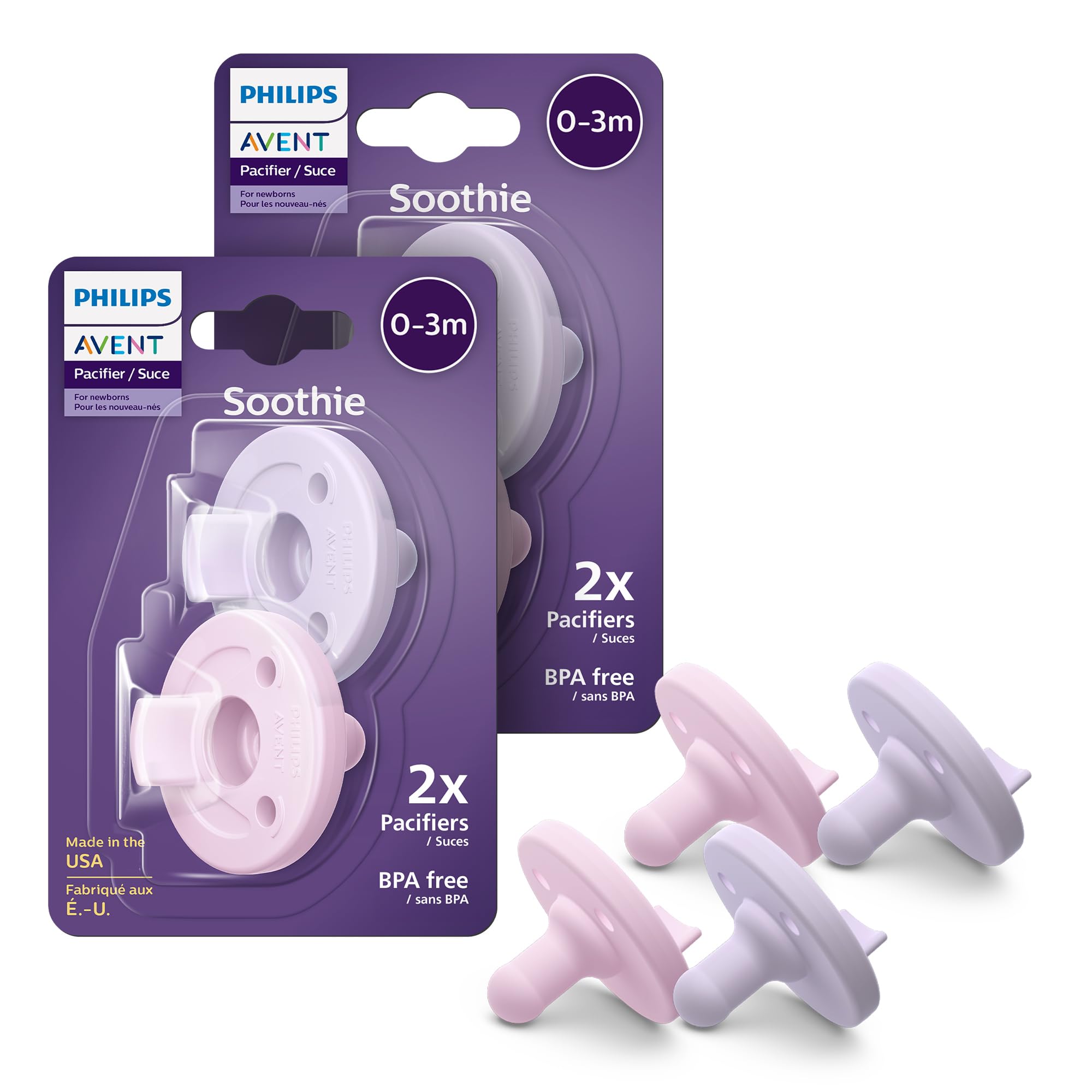 Philips Avent Soothie Orthodontic Baby Pacifiers, 100% Silicone Pacifiers, One Piece, BPA-Free, for Babies 0-3 Months, Green, 4 Pack, Model SCF190/41