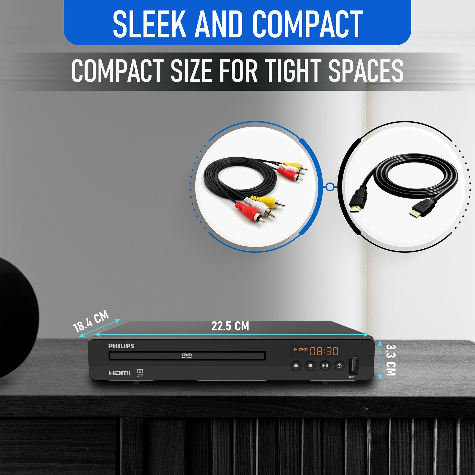 Philips DVD Players for TV with HDMI Port 1080P All Region HD DVD Player for Smart TV USB Input Remote Control Device, Mini DVD CD Player for Home Stereo System, HDMI and RCA Cable Included