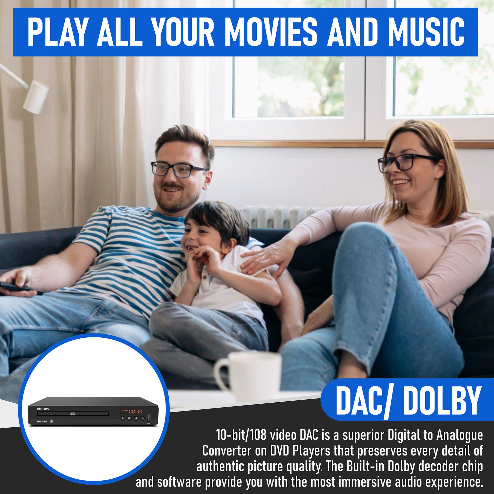 Philips DVD Players for TV with HDMI Port 1080P All Region HD DVD Player for Smart TV USB Input Remote Control Device, Mini DVD CD Player for Home Stereo System, HDMI and RCA Cable Included
