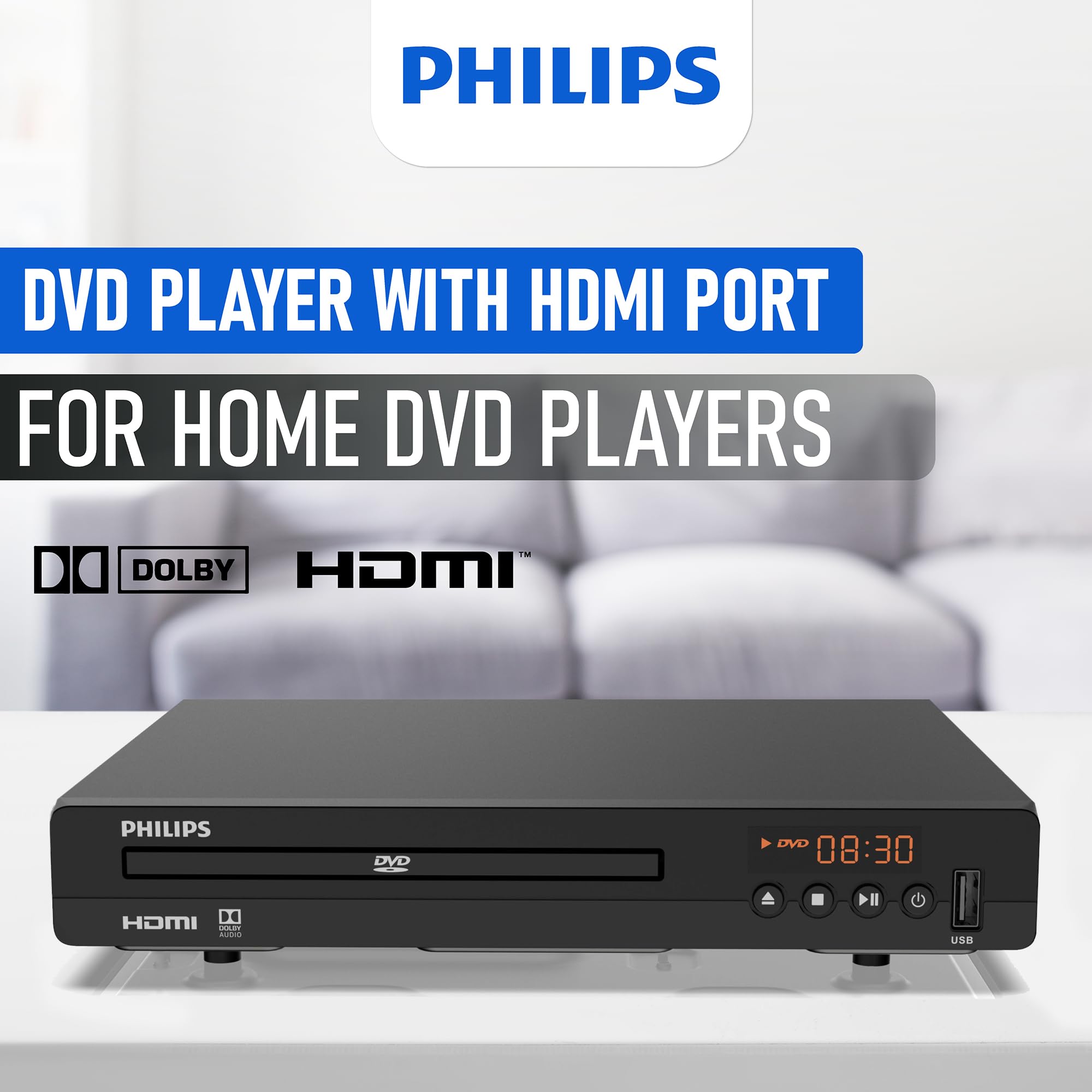 Philips DVD Players for TV with HDMI Port 1080P All Region HD DVD Player for Smart TV USB Input Remote Control Device, Mini DVD CD Player for Home Stereo System, HDMI and RCA Cable Included