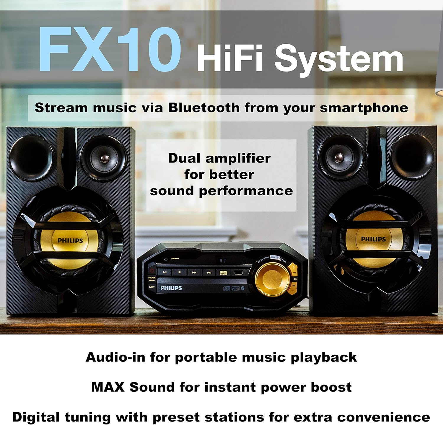 PHILIPS FX10 Bluetooth Stereo System for Home with CD Player , MP3, USB, FM Radio, Bass Reflex Speaker, 230 W, Remote Control Included