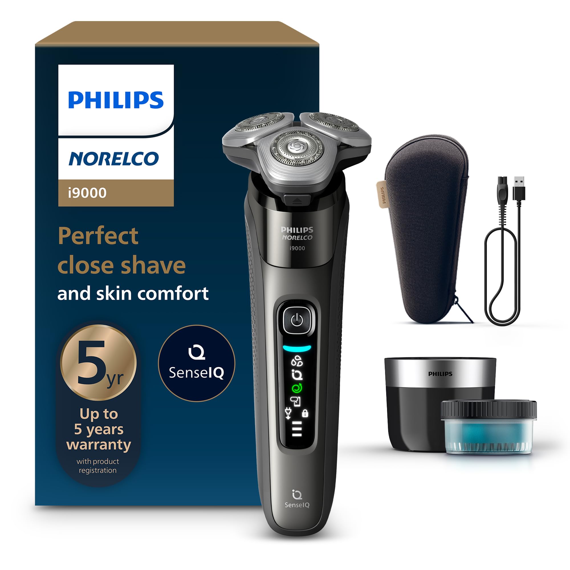 Philips Norelco 9400 Rechargeable Wet/Dry Electric Shaver with SenseIQ and Comfort Glide Ring Technology, Battery Powered, Silver, S9502/83