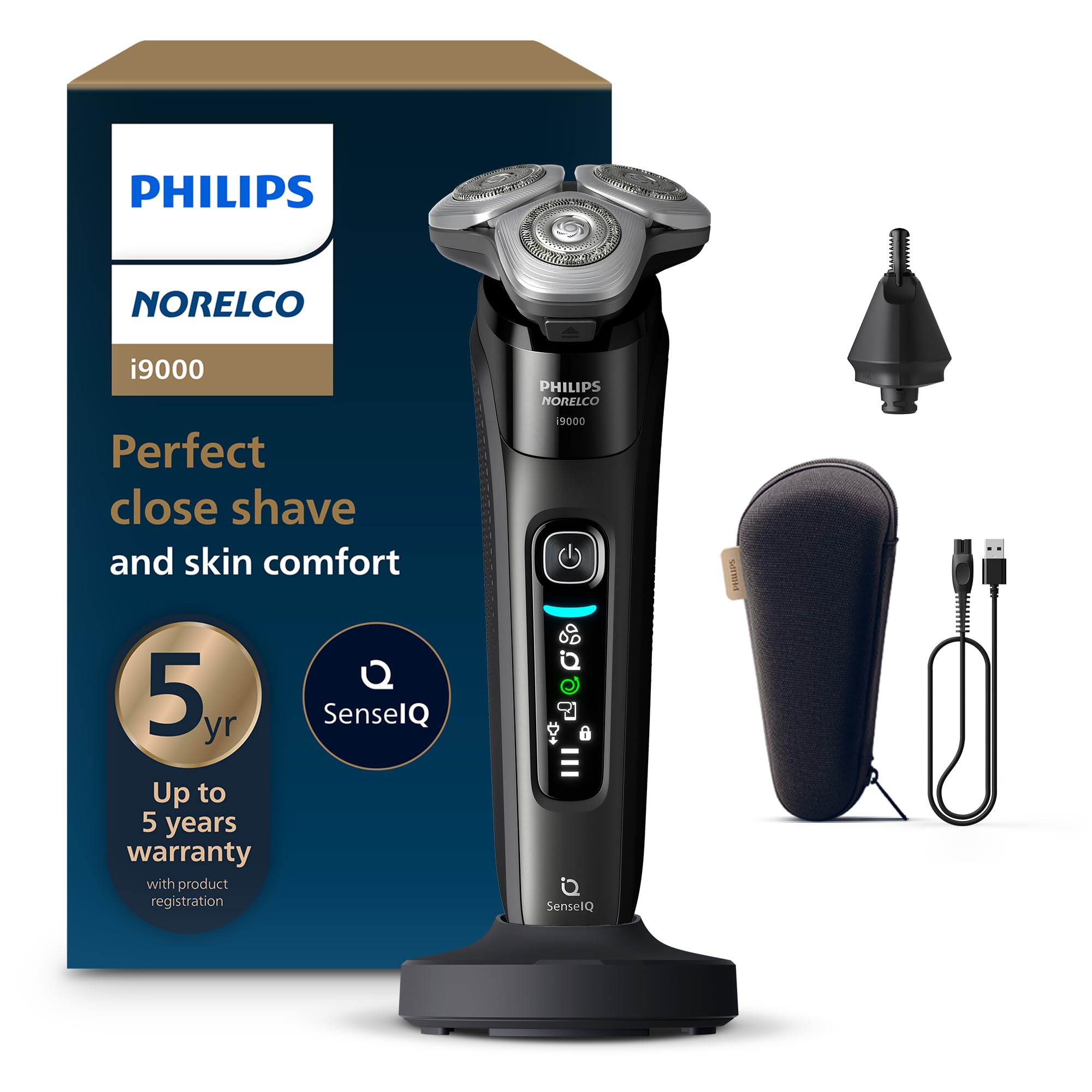 Philips Norelco 9400 Rechargeable Wet/Dry Electric Shaver with SenseIQ and Comfort Glide Ring Technology, Battery Powered, Silver, S9502/83