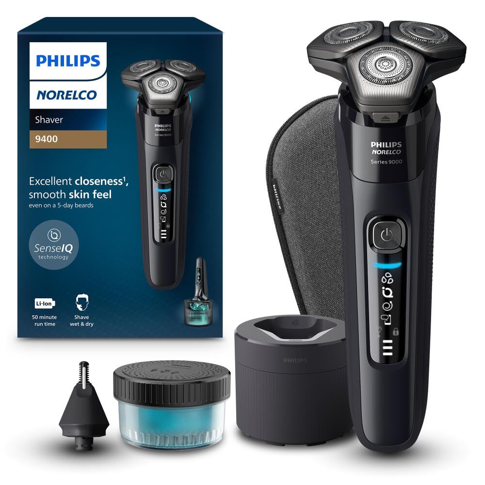 Philips Norelco 9400 Rechargeable Wet/Dry Electric Shaver with SenseIQ and Comfort Glide Ring Technology, Battery Powered, Silver, S9502/83