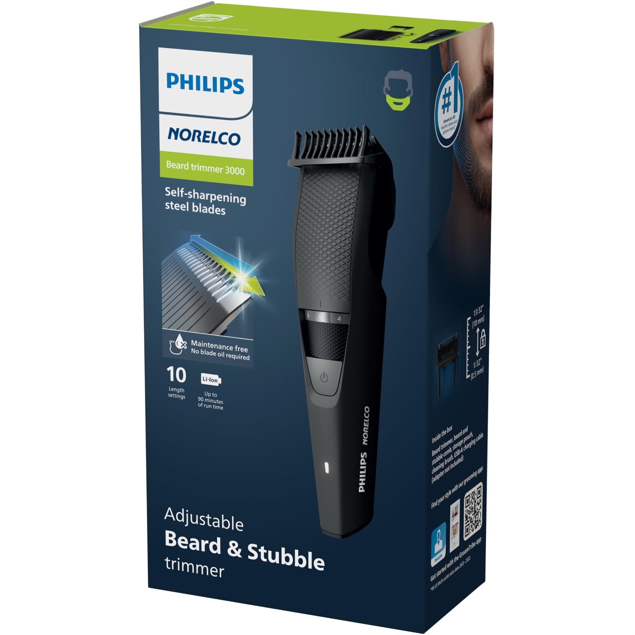 Philips Norelco Beard Trimmer and Hair Clipper, Cordless Grooming, Rechargeable, Adjustable Length, Beard Trimmer And Hair Clipper, No Blade Oil Needed, BT3210/41