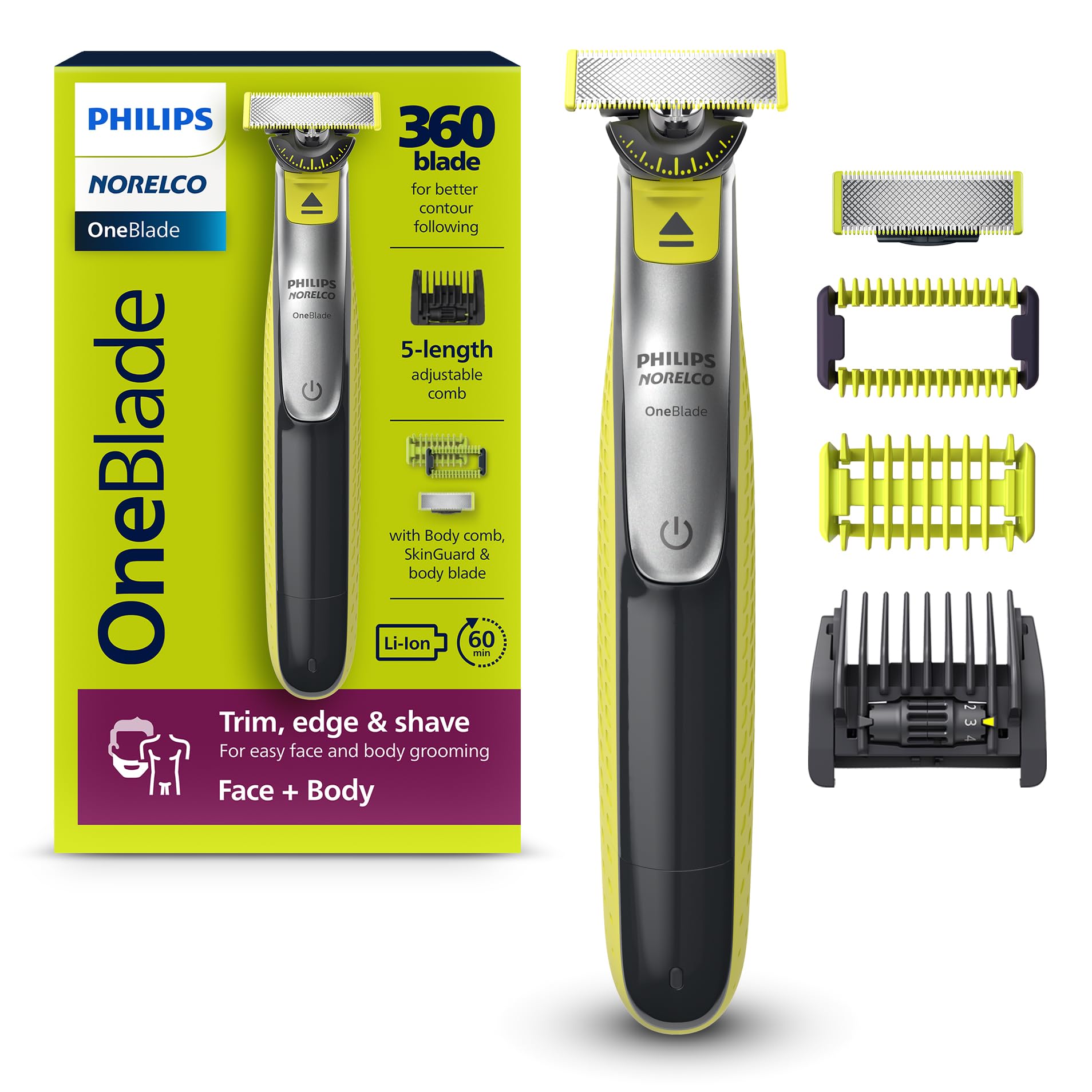 Philips Norelco OneBlade Face + Body Hybrid Electric Trimmer and Shaver, QP2630/70