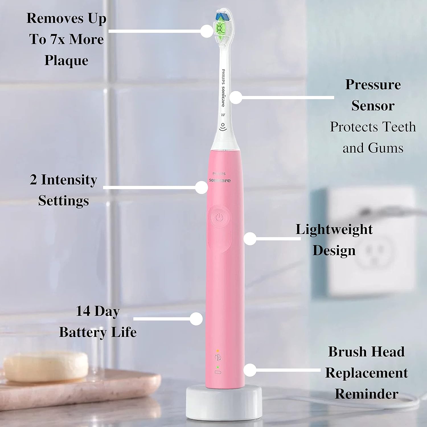 PHILIPS Sonicare Electric Toothbrush with DiamondClean Brush Head, Phillips Sonicare Rechargeable Toothbrush with Pressure Sensor, Travel Case, Sonic Electronic Toothbrush (Pink)