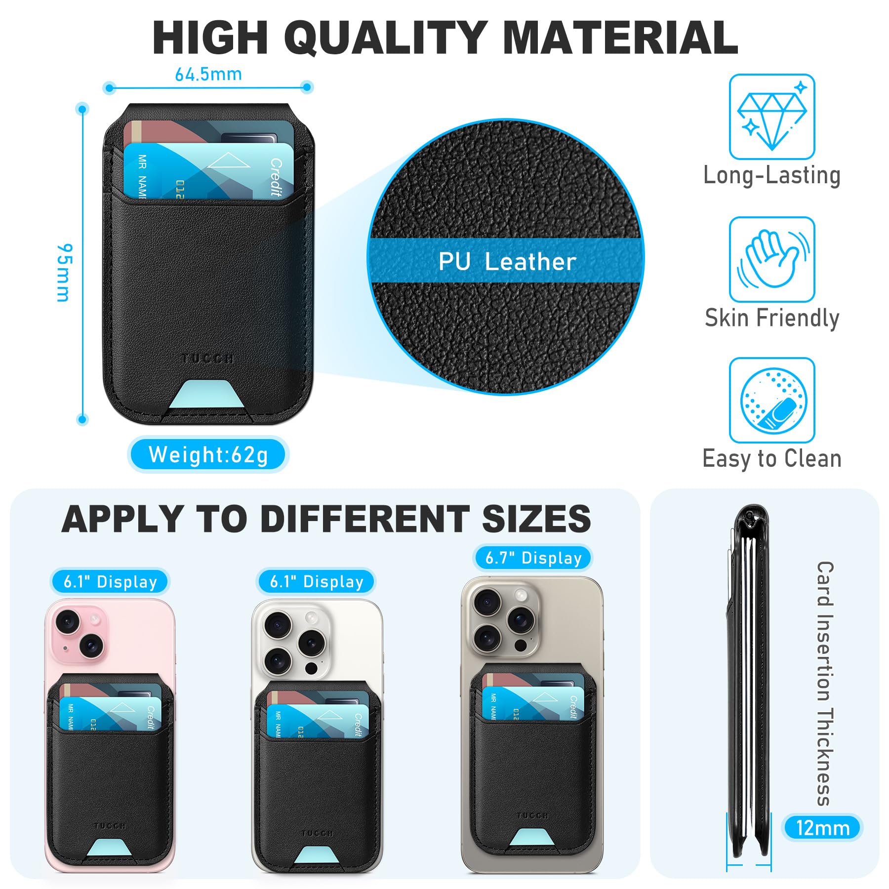 Phone Wallet with Adjustable Stand, [RFID Blocking] Credit Card Holder, Fit 5 Cards, PU Leather Magnetic Wallet for iPhone 16/15/14/13/12/Plus/Pro/Pro Max Series, Not for mini, Black