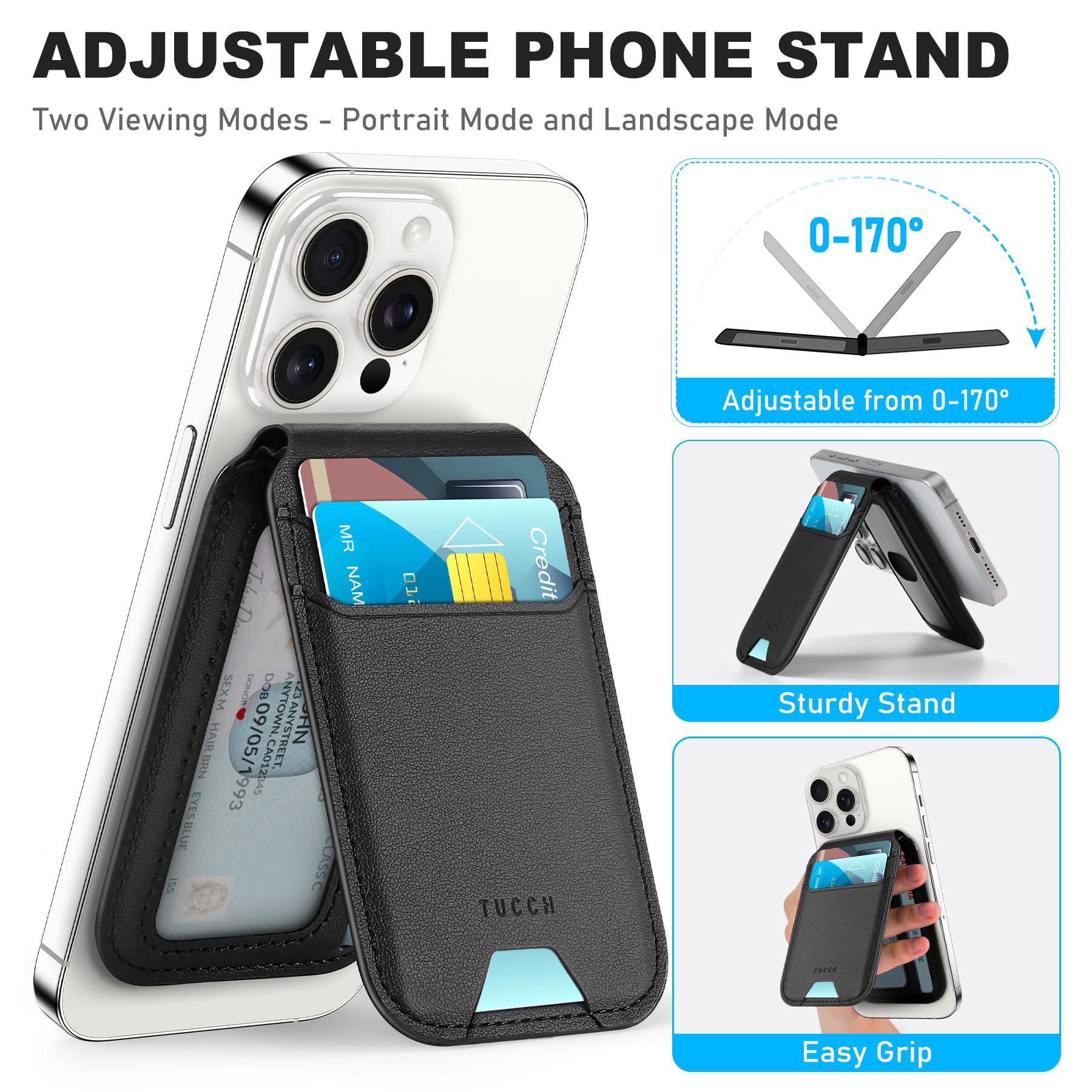 Phone Wallet with Adjustable Stand, [RFID Blocking] Credit Card Holder, Fit 5 Cards, PU Leather Magnetic Wallet for iPhone 16/15/14/13/12/Plus/Pro/Pro Max Series, Not for mini, Black