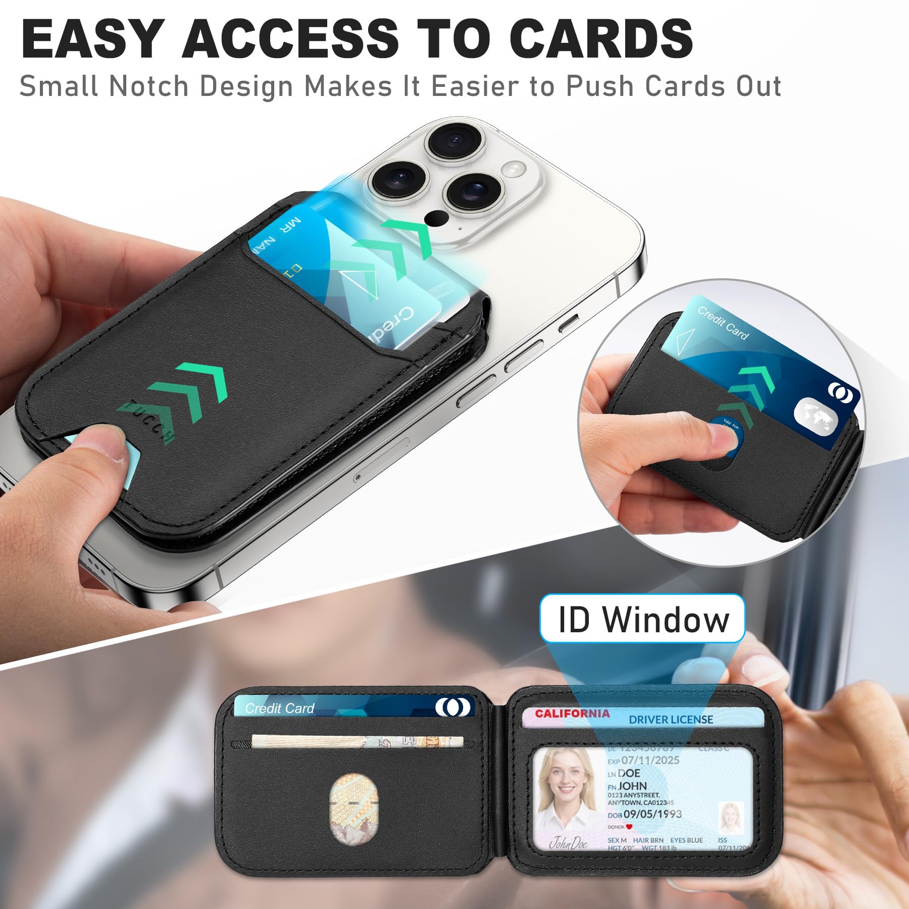 Phone Wallet with Adjustable Stand, [RFID Blocking] Credit Card Holder, Fit 5 Cards, PU Leather Magnetic Wallet for iPhone 16/15/14/13/12/Plus/Pro/Pro Max Series, Not for mini, Black