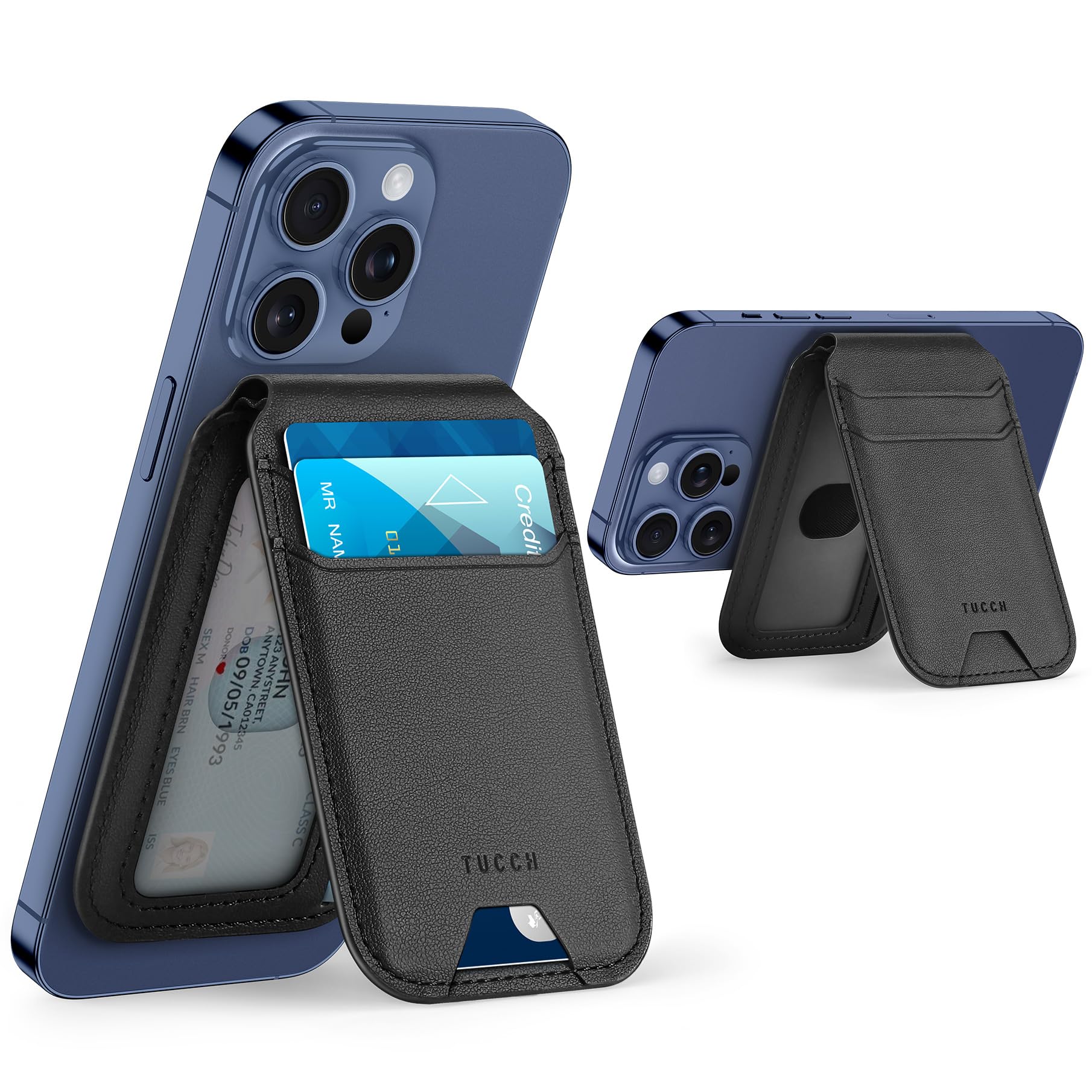 Phone Wallet with Adjustable Stand, [RFID Blocking] Credit Card Holder, Fit 5 Cards, PU Leather Magnetic Wallet for iPhone 16/15/14/13/12/Plus/Pro/Pro Max Series, Not for mini, Black