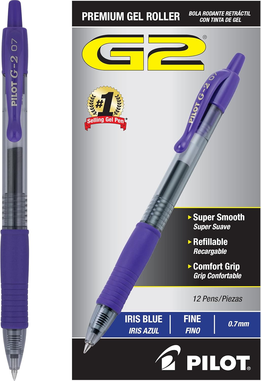 Pilot G2 Premium Gel Roller Pens 0.7, Fine Point Smooth Writing Pens Black, Pack of 12