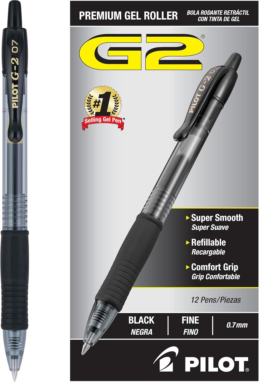 Pilot G2 Premium Gel Roller Pens 0.7, Fine Point Smooth Writing Pens Black, Pack of 12