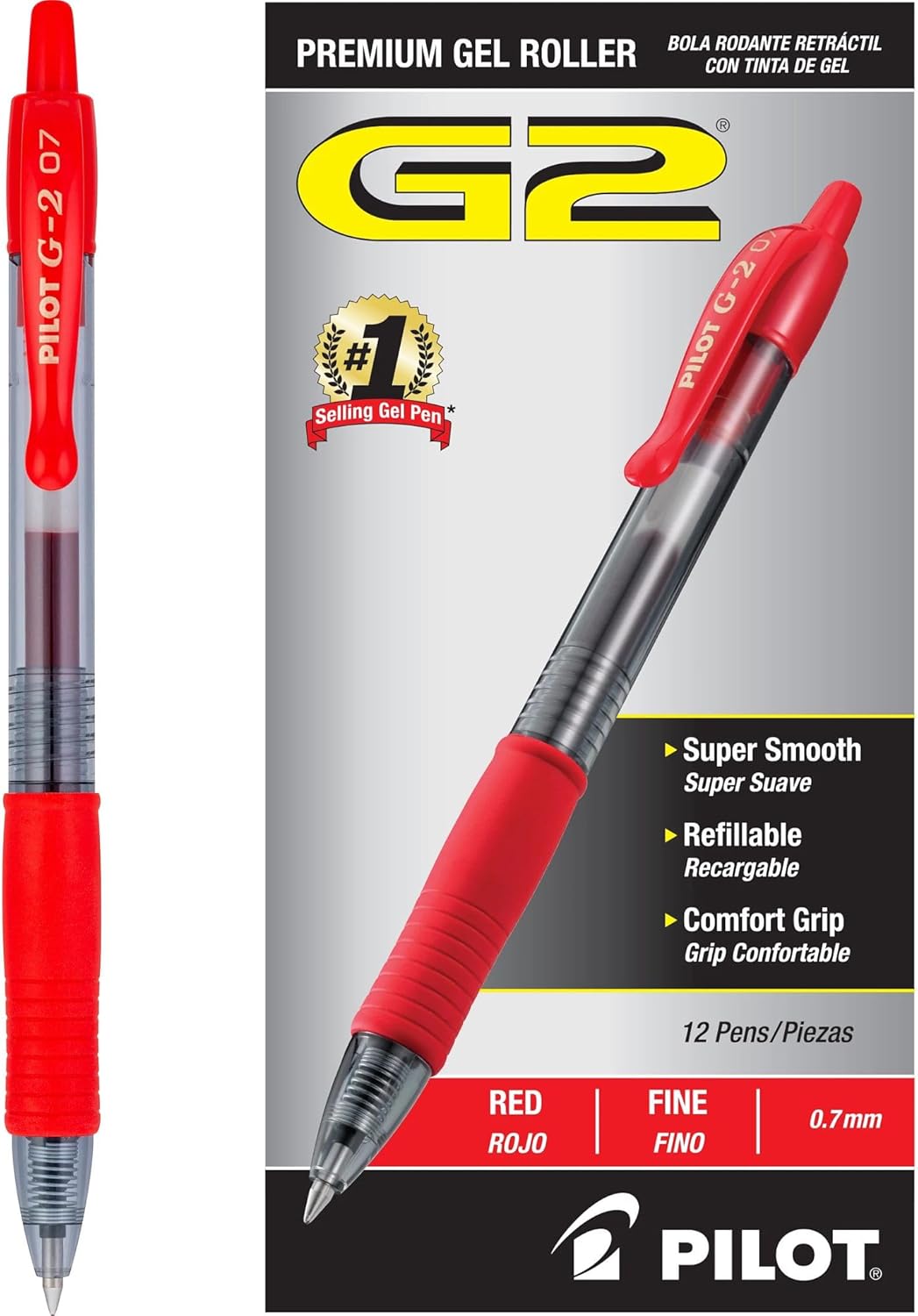 Pilot G2 Premium Gel Roller Pens 0.7, Fine Point Smooth Writing Pens Black, Pack of 12