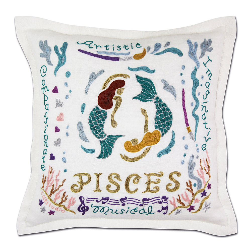 Pisces Astrology Hand-Embroidered Pillow by Cat Studio