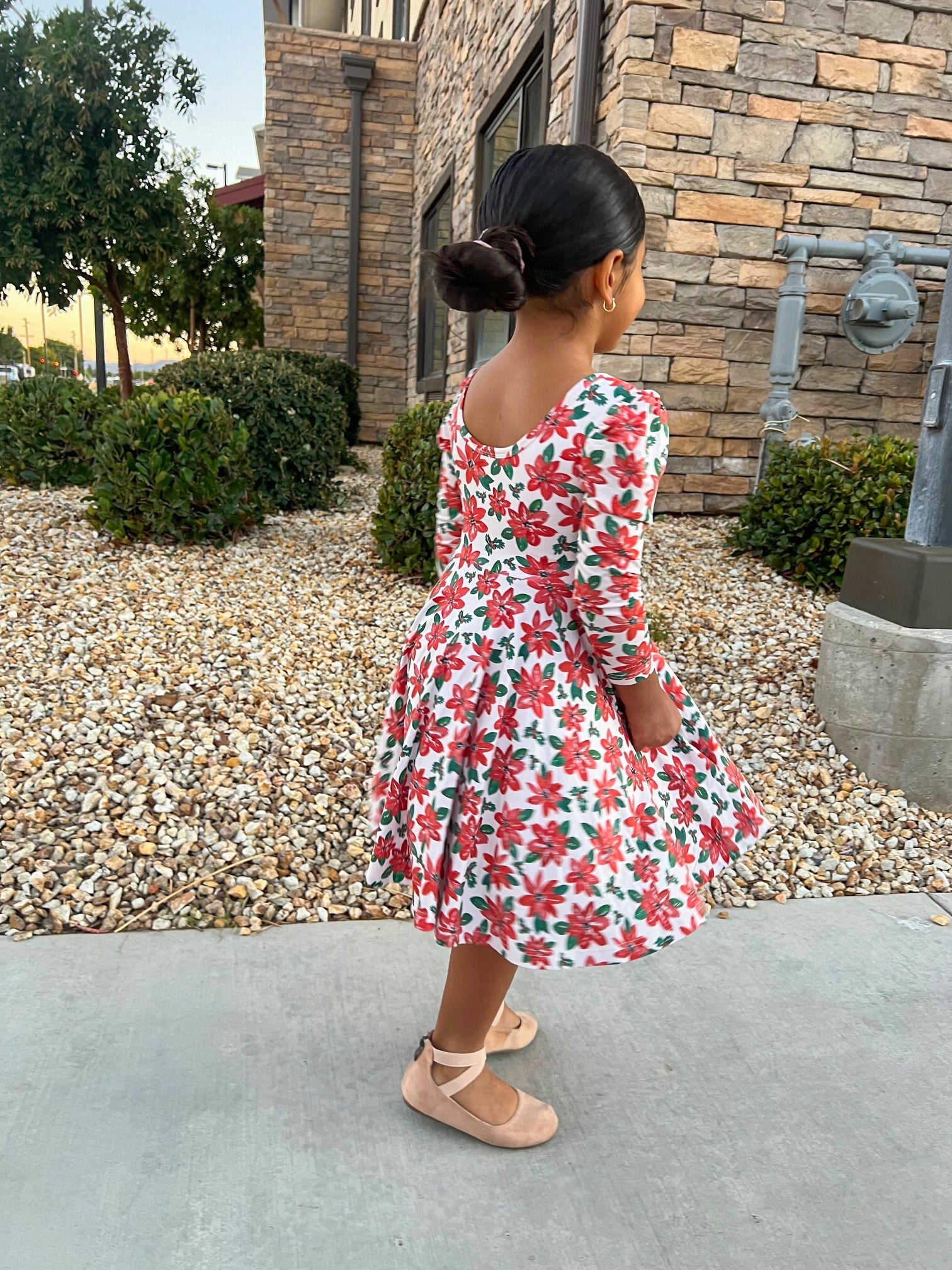 Poinsettias Puff Sleeve Twirl Dress