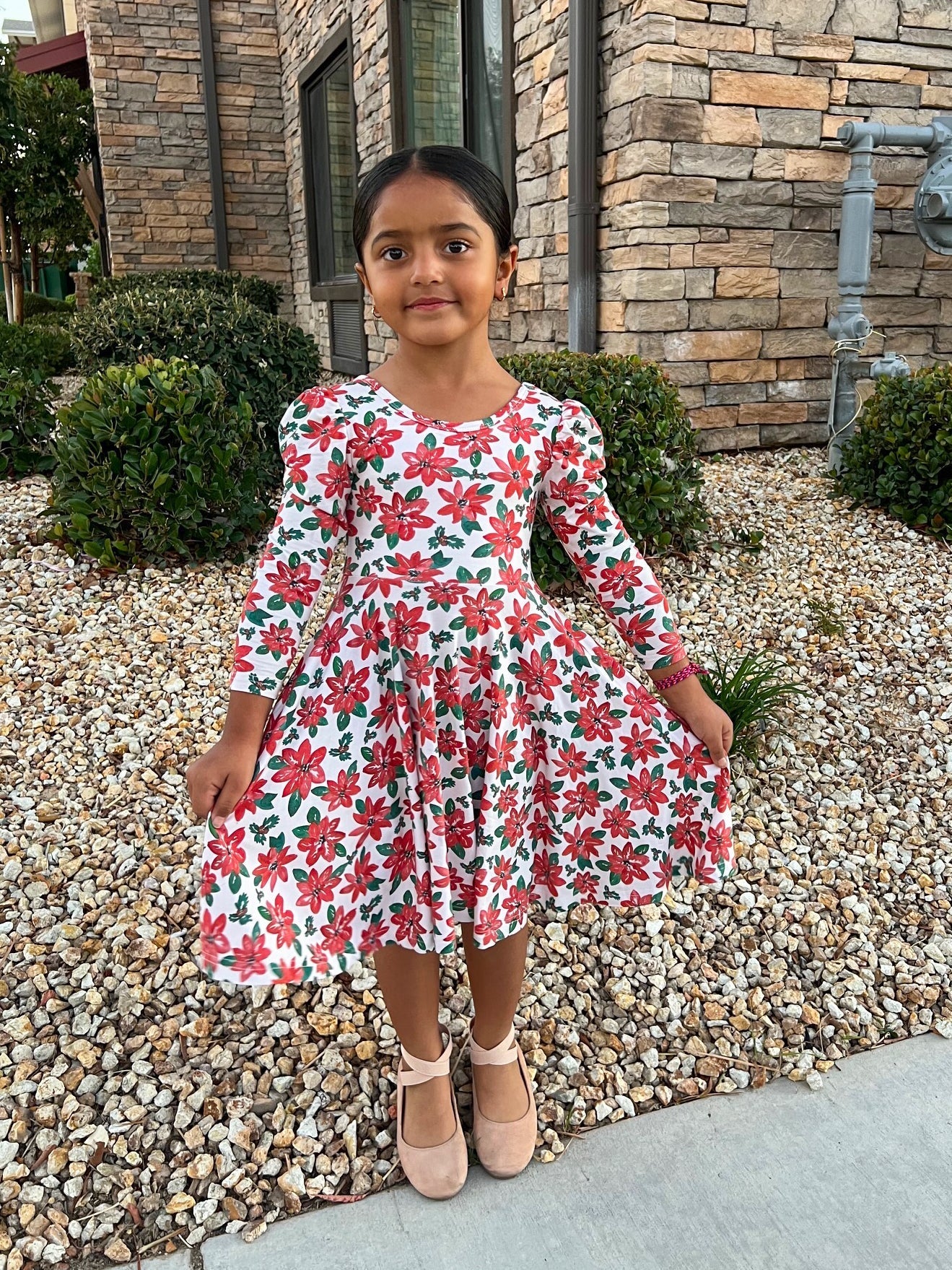 Poinsettias Puff Sleeve Twirl Dress