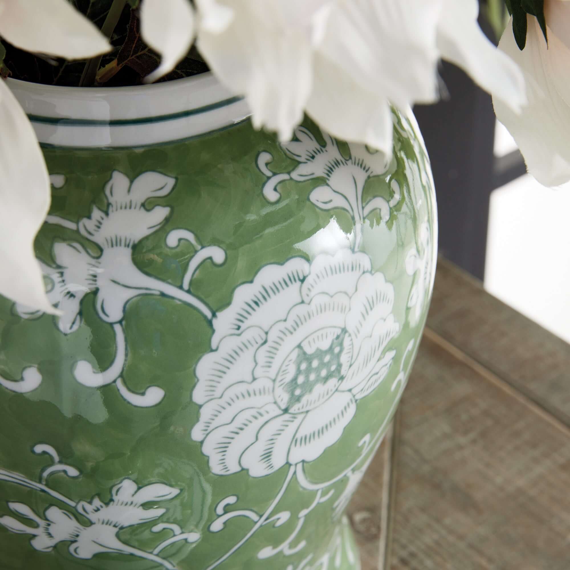 Porcelain Green Chinoiserie Lotus Ginger Jar with Lid