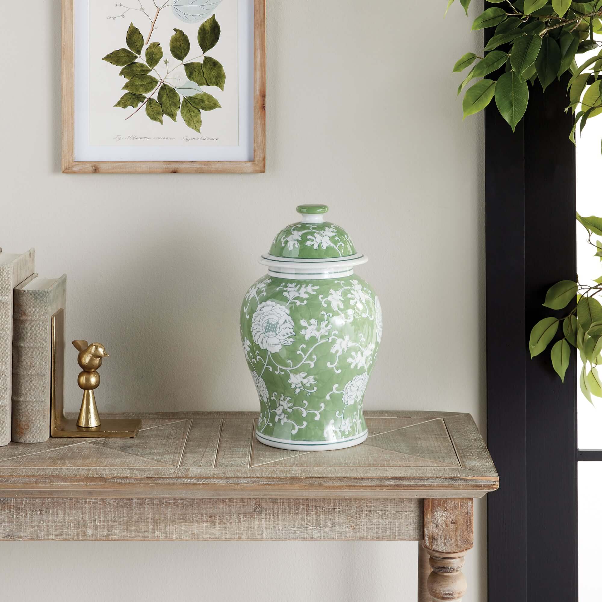Porcelain Green Chinoiserie Lotus Ginger Jar with Lid