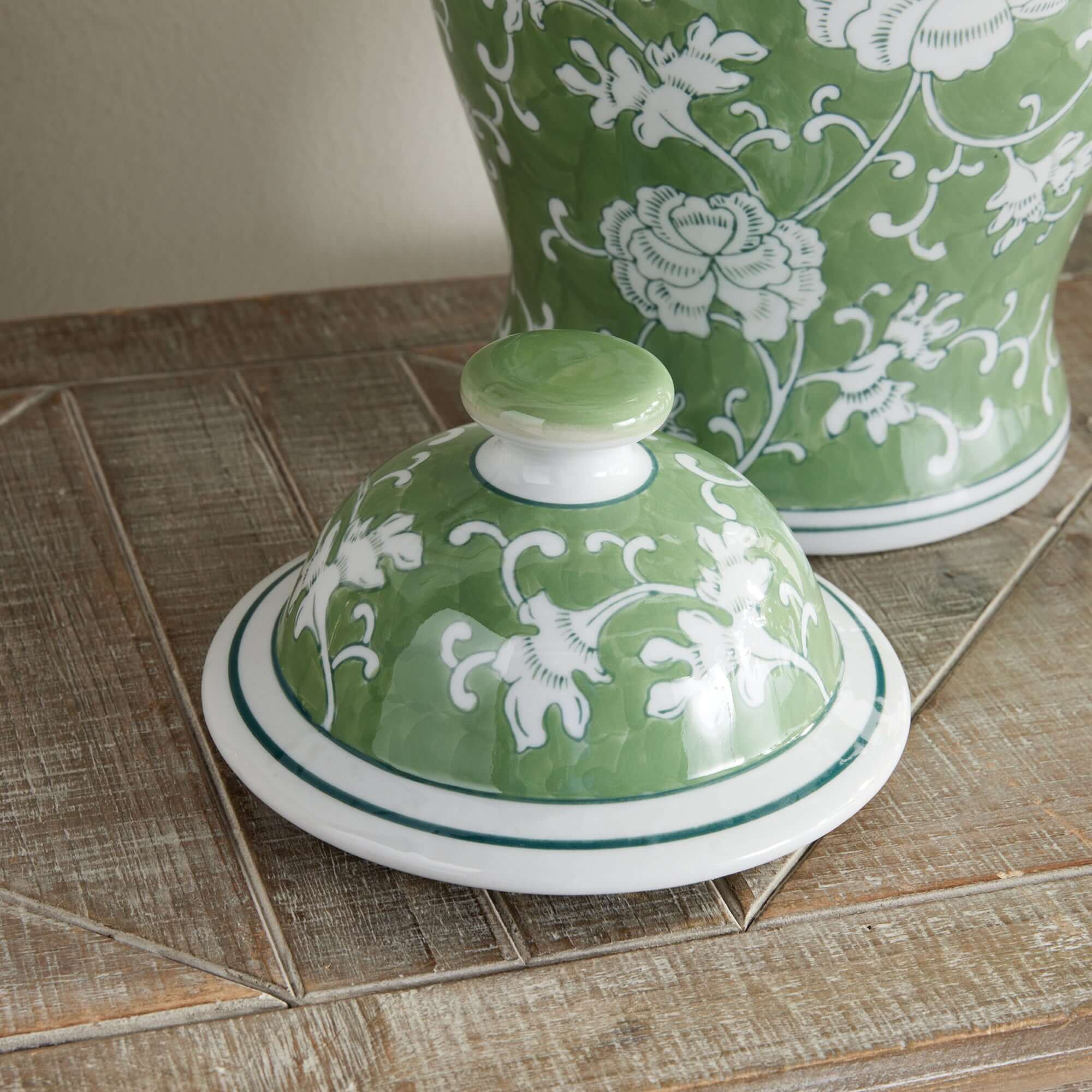 Porcelain Green Chinoiserie Lotus Ginger Jar with Lid