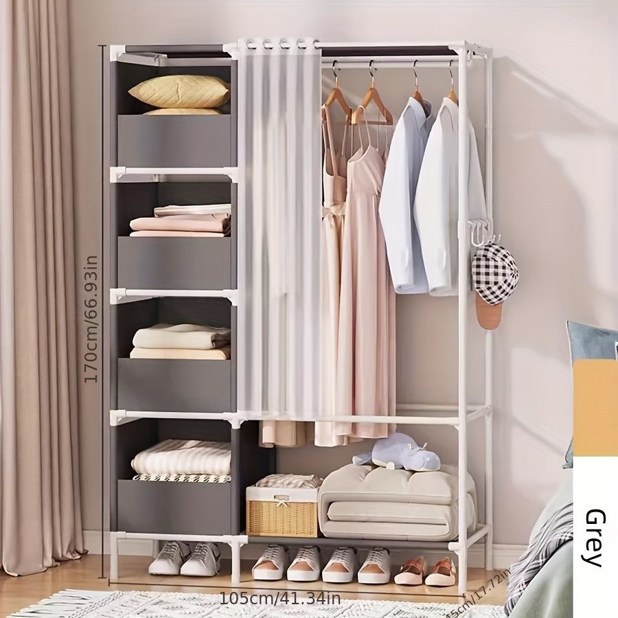 Portable simple wardrobe with 4-tier, separate wardrobe organizer storage system with metal hanging rods and side hooks. Suitable for wardrobes and bedrooms