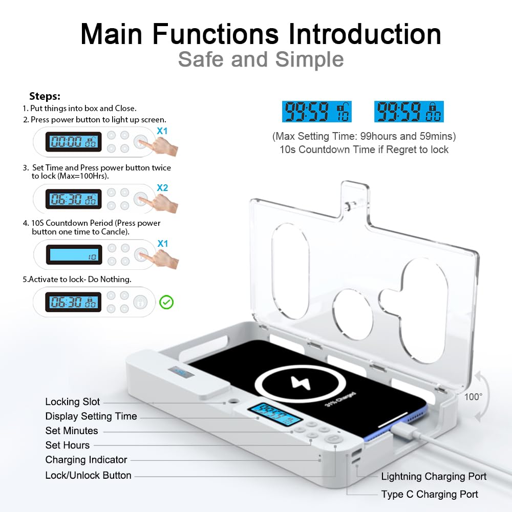 Portable Smart Auto Phone Timer Lock Box for iPhone and Android Phones, Self-Control Timer Locker to Help Kids,Students, Adults Focus Back,Prevent Excessive Games, Mobile Phone Addiction(New)