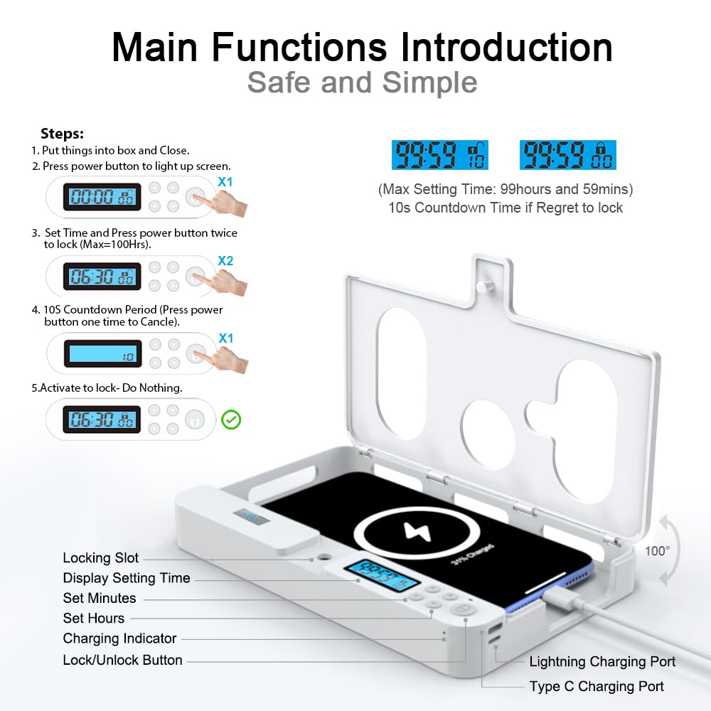 Portable Smart Auto Phone Timer Lock Box for iPhone and Android Phones, Self-Control Timer Locker to Help Kids,Students, Adults Focus Back,Prevent Excessive Games, Mobile Phone Addiction(New)
