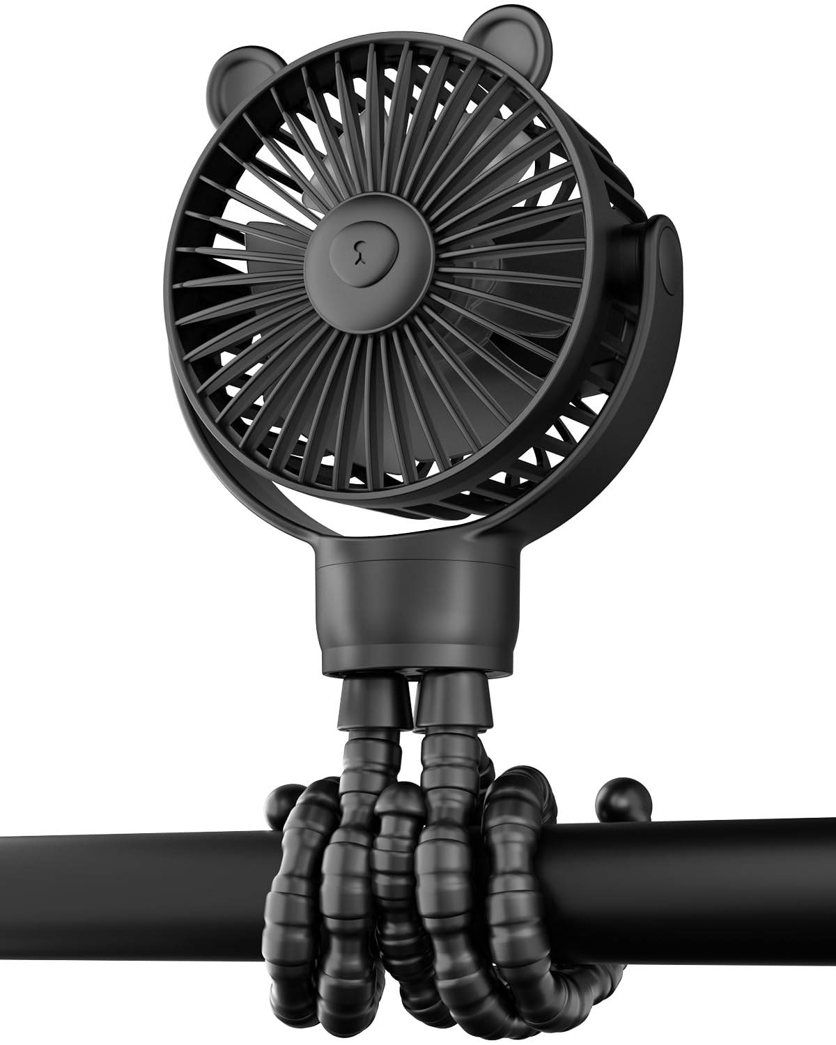 Portable Stroller Mini Fan, Small Rechargeable Personal Fan, Baby Travel Essentials for Wagon, Car Seat, Treadmill, Battery Powered Biking Gear Accessories, 360° Rotation, 3-Speed, Display, Black