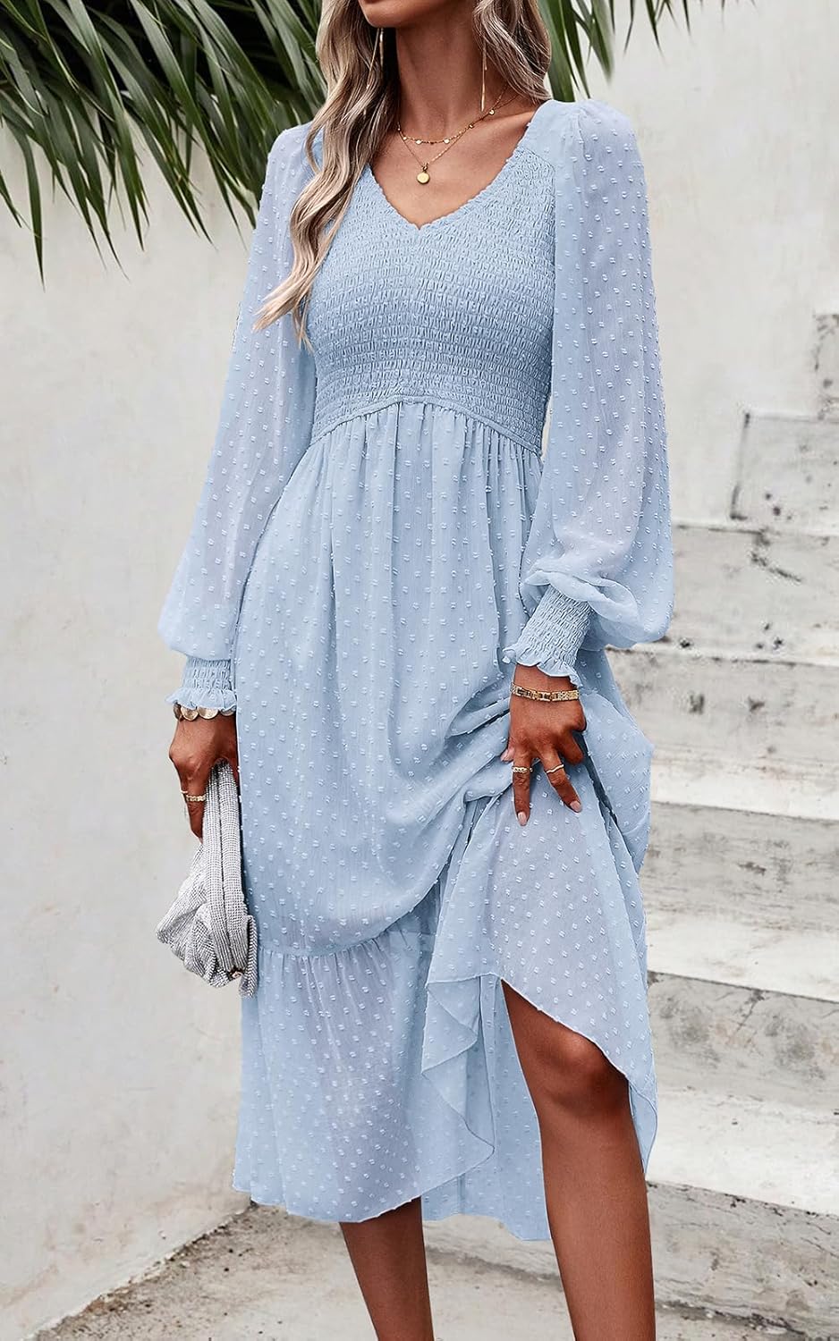 PRETTYGARDEN Women's Fall Dresses 2025 Long Sleeve V Neck Swiss Dot Empire Waist Chiffon Dress Ruffle Smocked Midi Dresses