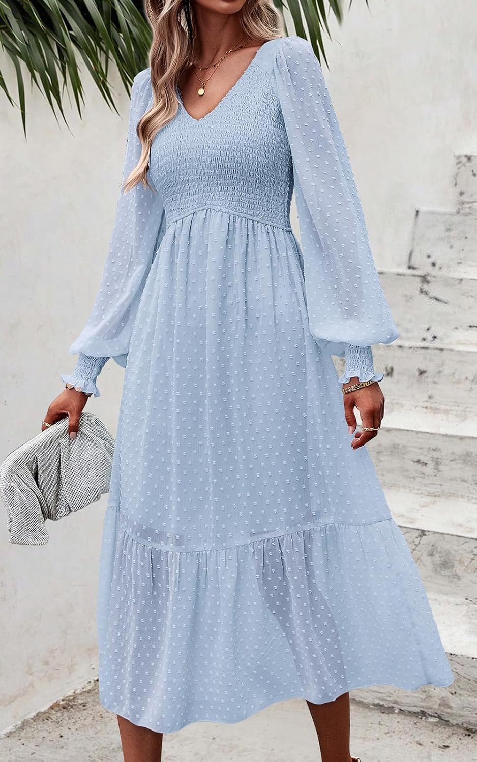 PRETTYGARDEN Women's Fall Dresses 2025 Long Sleeve V Neck Swiss Dot Empire Waist Chiffon Dress Ruffle Smocked Midi Dresses