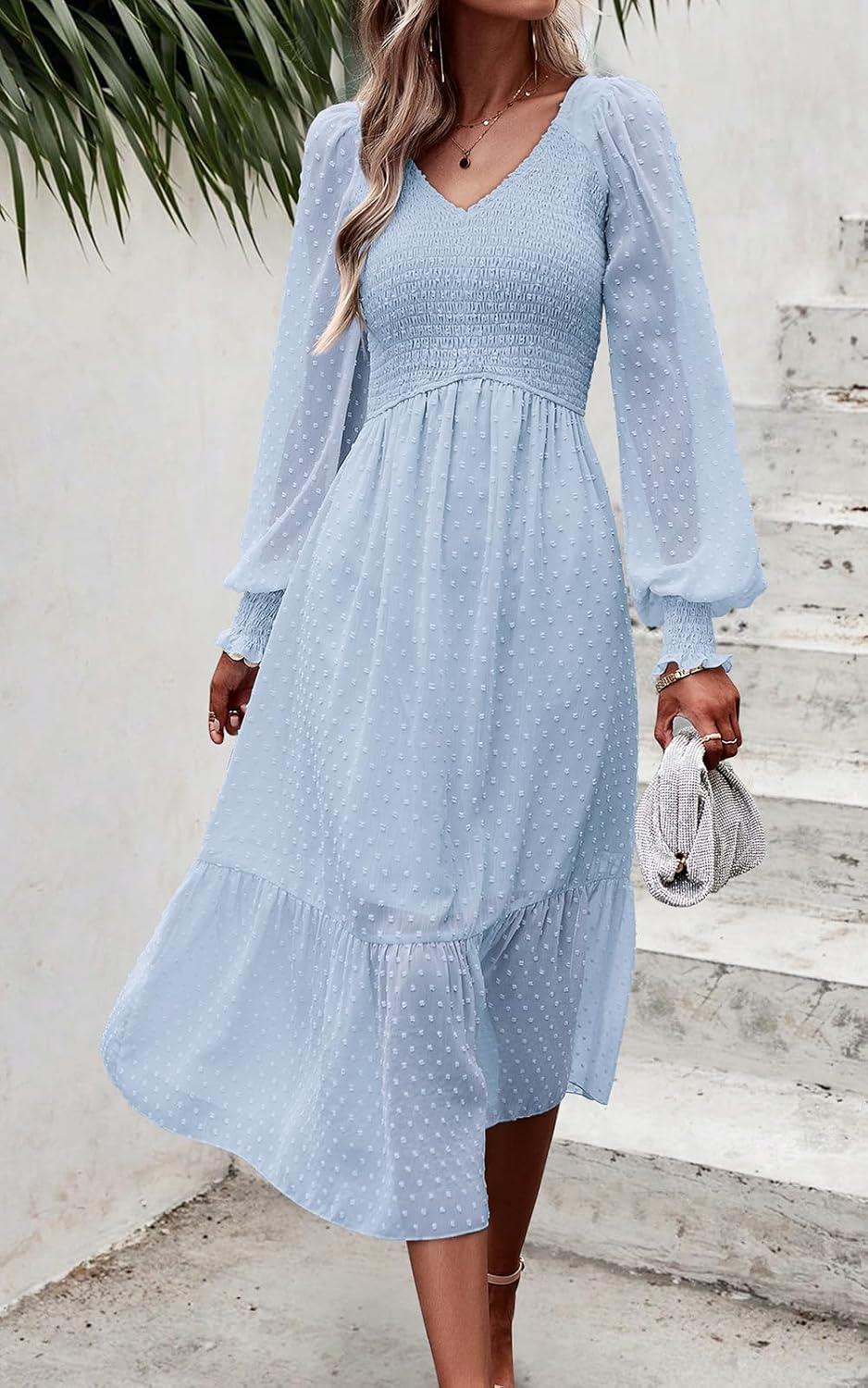 PRETTYGARDEN Women's Fall Dresses 2025 Long Sleeve V Neck Swiss Dot Empire Waist Chiffon Dress Ruffle Smocked Midi Dresses