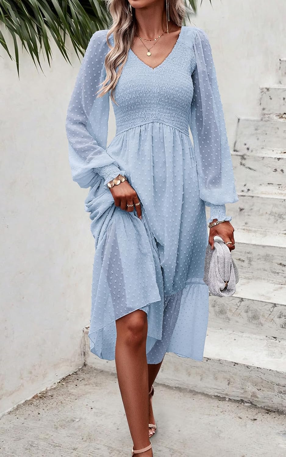 PRETTYGARDEN Women's Fall Dresses 2025 Long Sleeve V Neck Swiss Dot Empire Waist Chiffon Dress Ruffle Smocked Midi Dresses