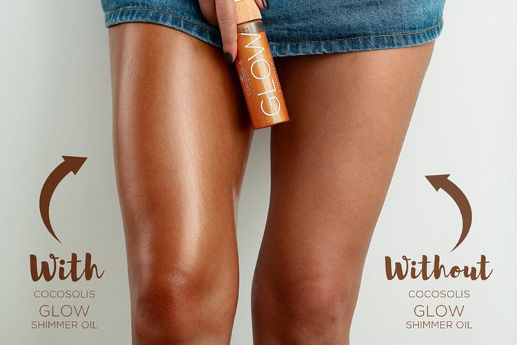 A picture comparing a woman's legs with and without the application of GLOW Shimmer Oil that shows the vast difference of radiance after using the oil
